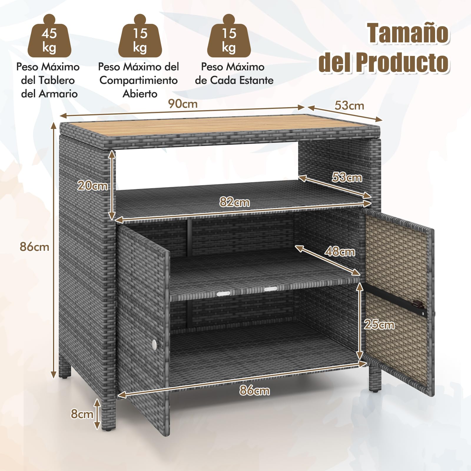 GYMAX Armario de Jardín de Ratán, Aparador con Encimera de Madera de Acacia, 2 Puertas y Estante Abierto, Mueble Exterior Almacenaje para Herramientas de Jardín, 90 x 53 x 86 cm (Gris)
