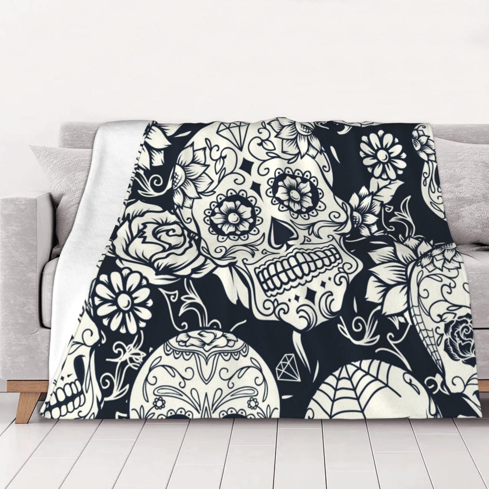 AUBKFELD Floral Skull Printed Flannel Blanket 102x76 CM, Soft & Warm Throw Blanket for Sofa/Couch/Bed/Car, Gifts for Audlts Women Men