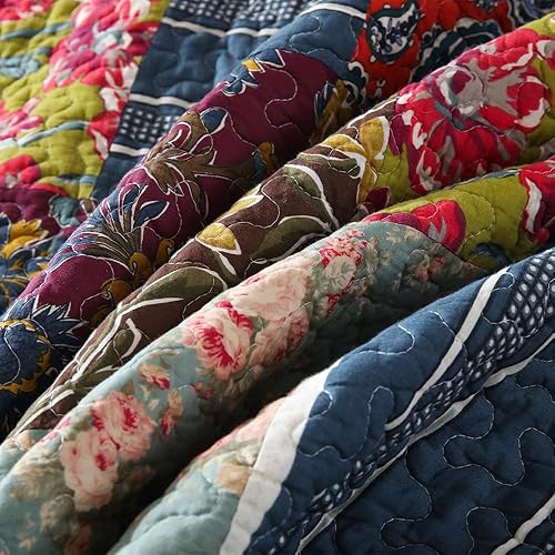 Miniatura 9 de Juego de colcha de algodón reversible, colcha de retazos (azul vintage floral, tamaño queen)