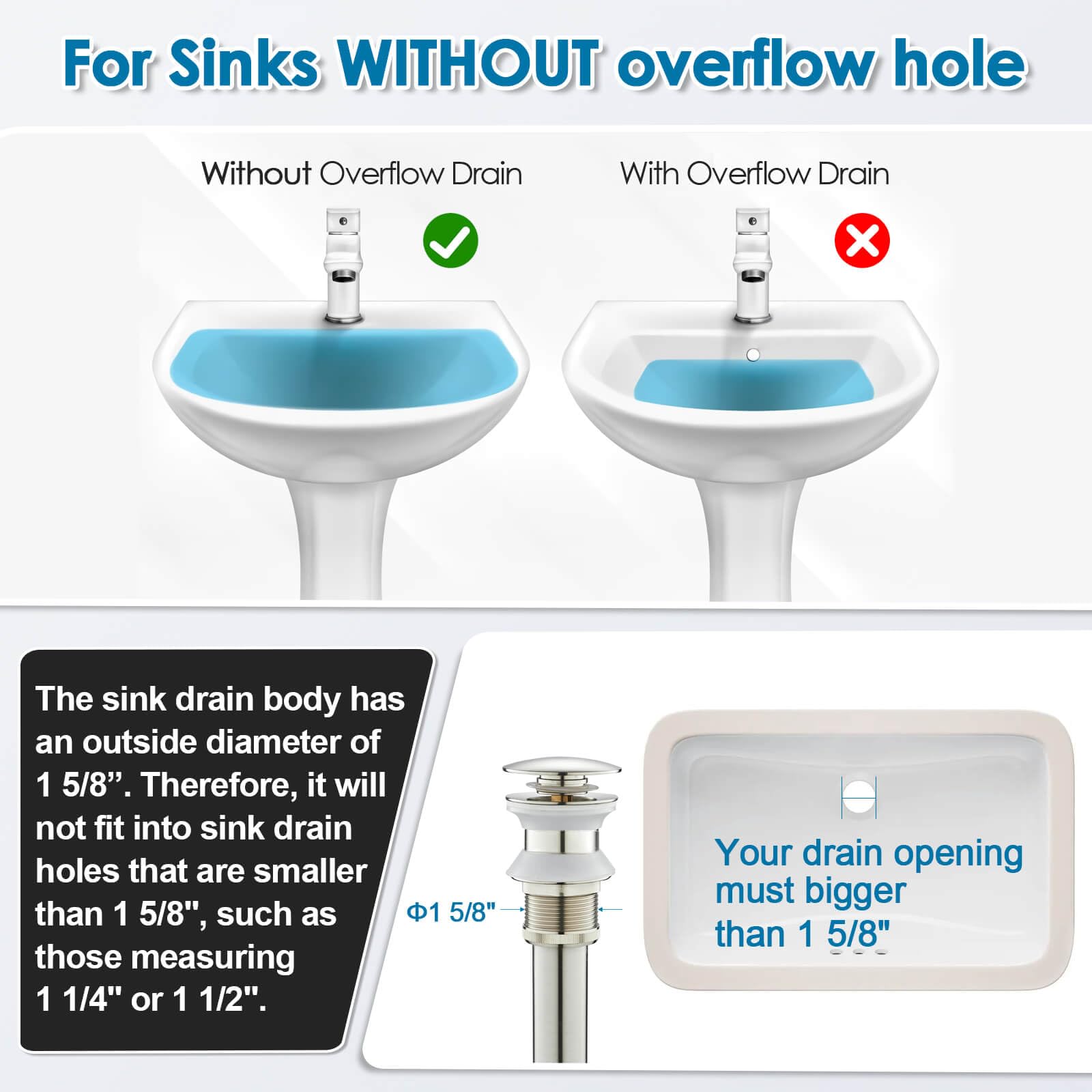 ROVOGO Desagüe para fregadero de baño con trampa para botellas, sin agujero de desbordamiento, cepillado