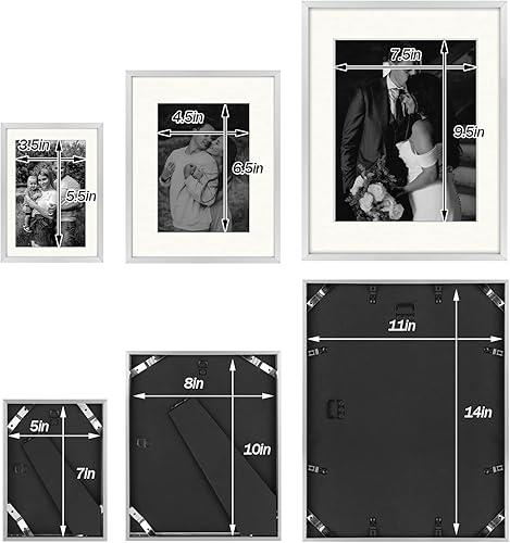 Miniatura 6 de Frametory, Juego de marcos de pared de aluminio para galería con paspartú de color marfil, paquete de 7 marcos de fotos de metal con cristal real,