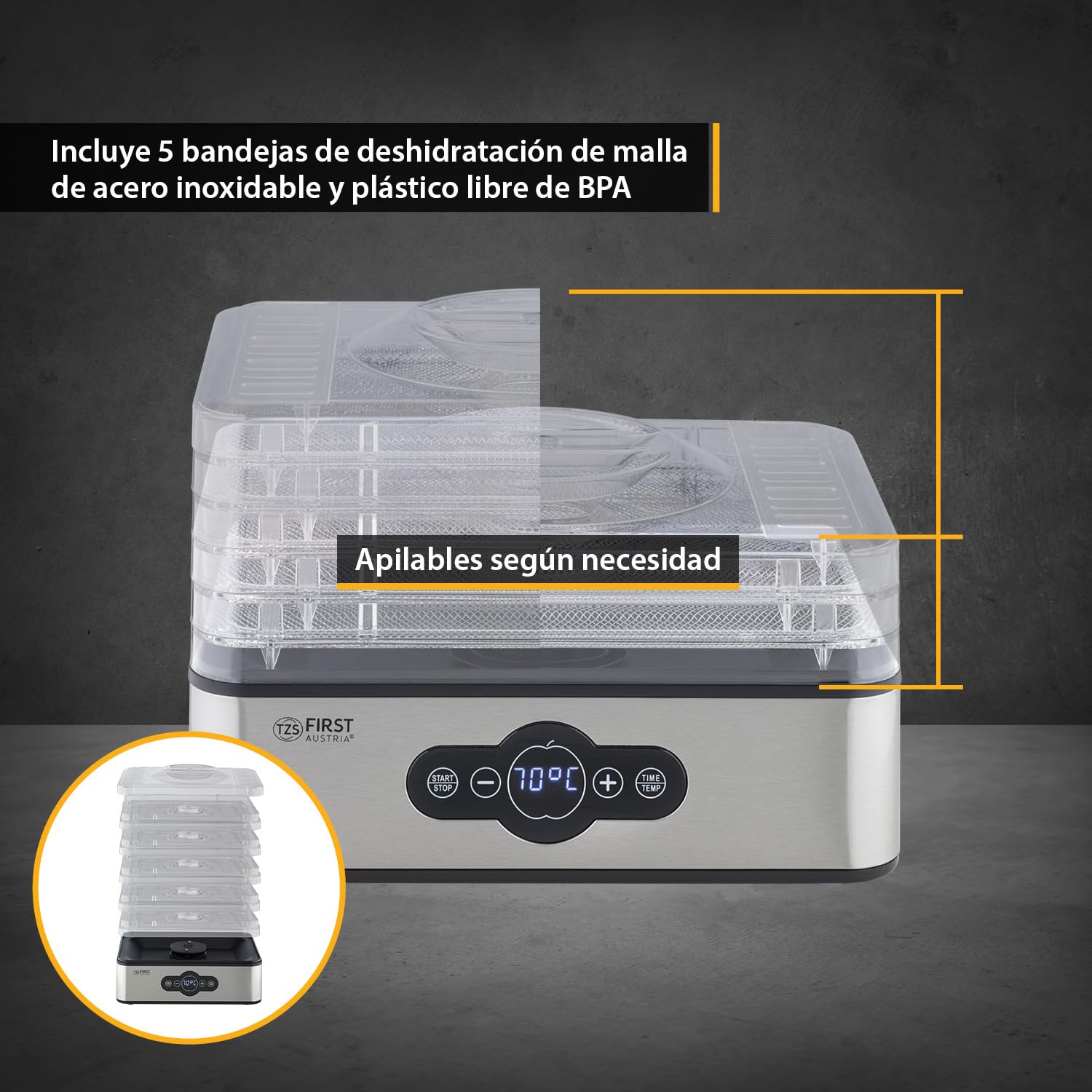 TZS First Austria Deshidratador digital para frutas, hierbas, setas y carne, 5 niveles acero inoxidable, temporizador y regulador temperatura 35-70°C