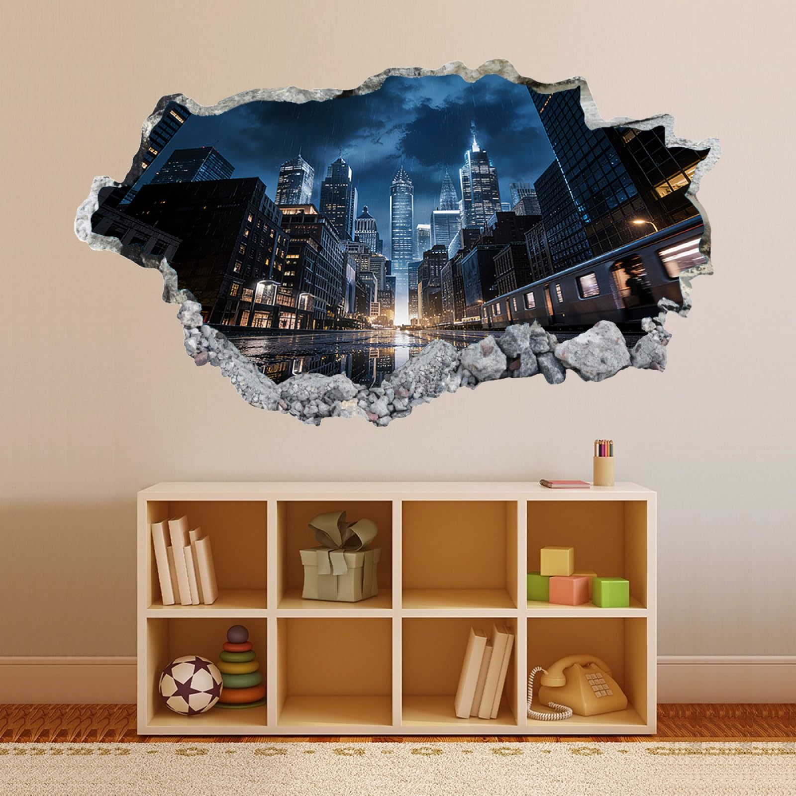 Vinilos Decorativos 3D Rotos City ​​street Tatuaje de pared vinilo extraíble decoración del hogar Calcomanías impermeables para Guardería Habitación Decoración de pared 70x122cm