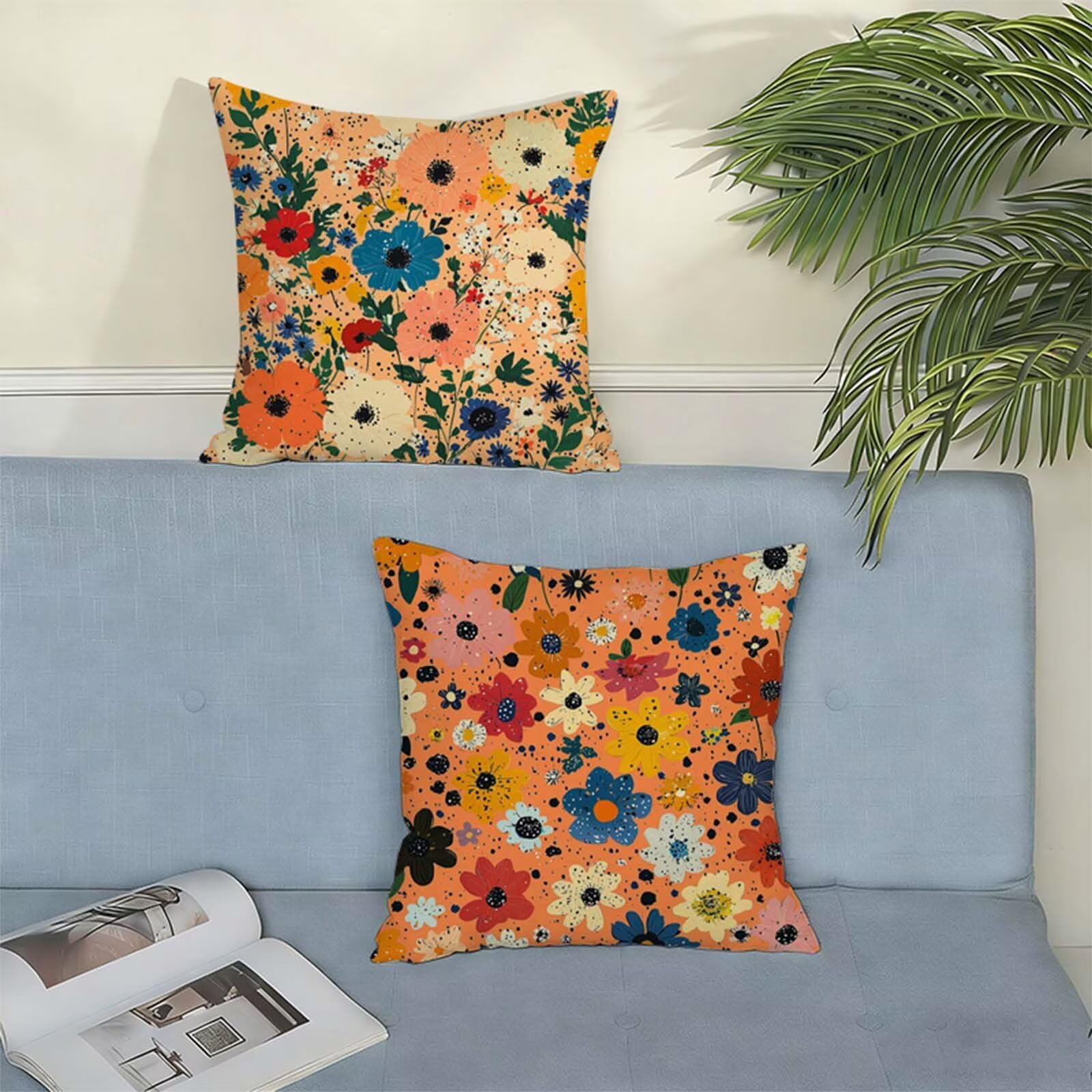 Housse de Coussin 80 x 80 CM Lin,Lot de 2 Housse Coussin Orange,Taie Oreiller Fleur Impermeable,Respirant Confort Coussins Décoratifs Convient à toutes les saisons pour Décor Jardin Salon Canapé X-663