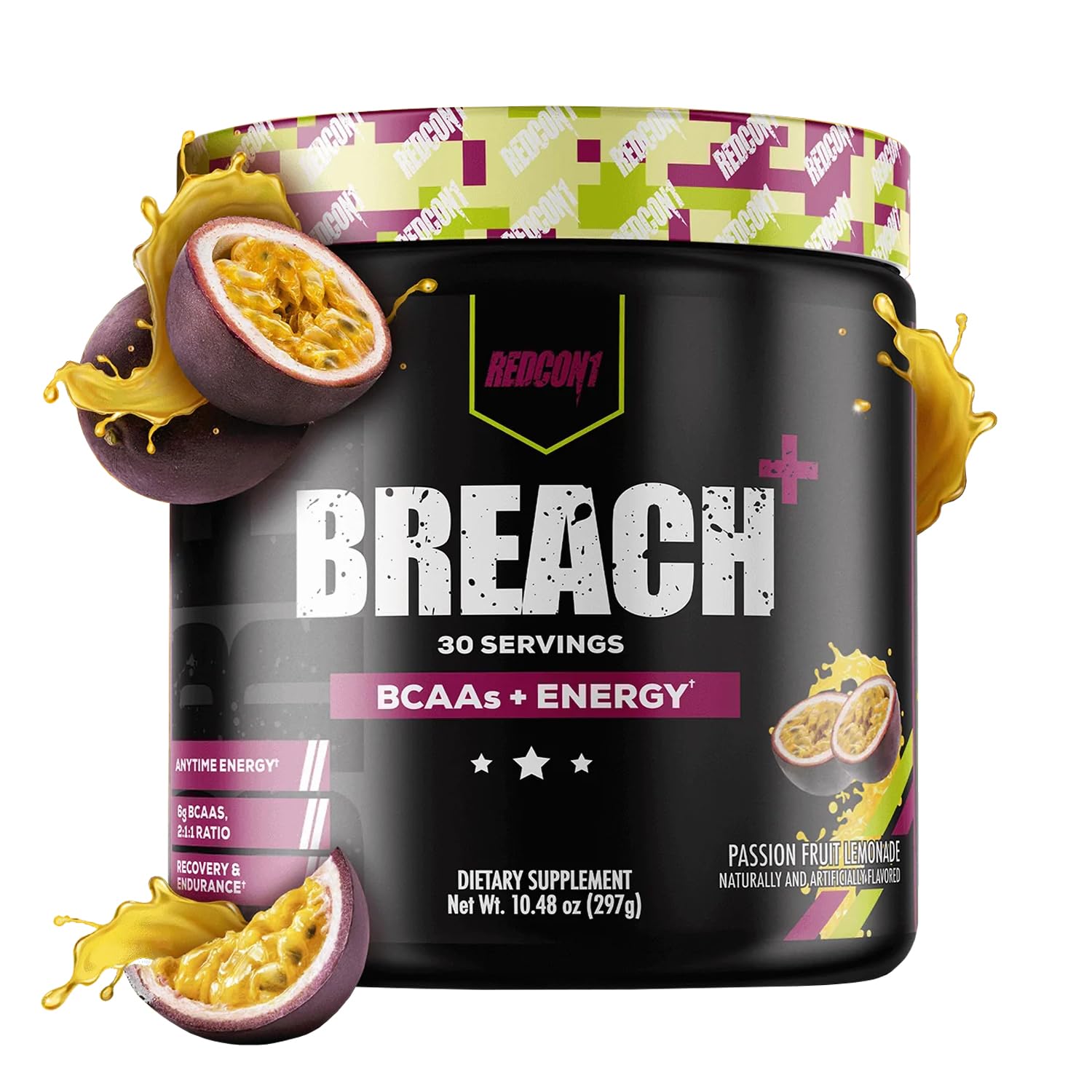 REDCON1 Breach+ Energy, Passion Fruit Lemonade - Sugar Free BCAA with 175 mg of Caffeine - Contains 3 Essential Amino Acids, L-Leucine, L-Isoleucine & L-Valine - BCAA Powder (30 Servings)