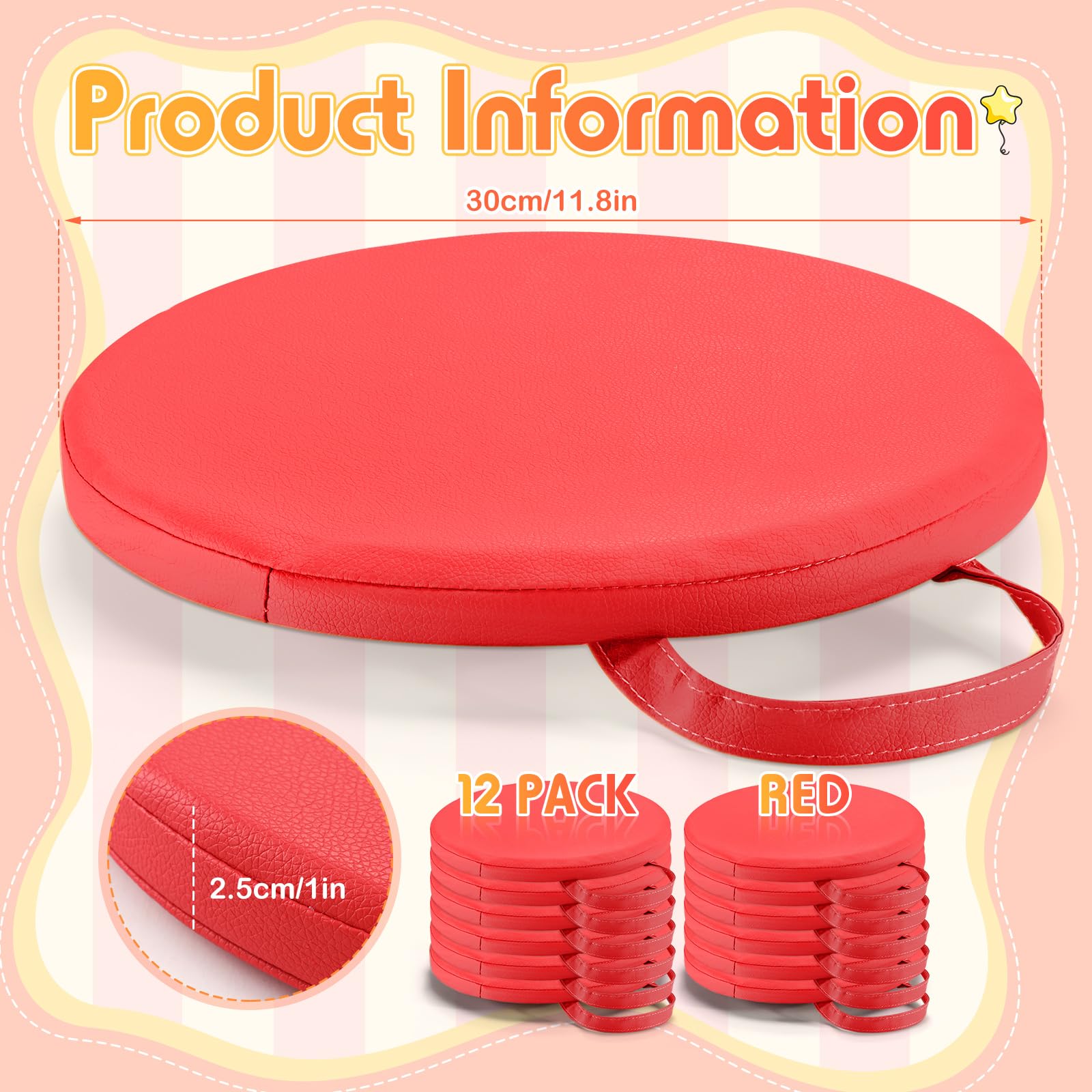 Cojines de Suelo de 30 x 30 cm para aulas. Asientos de Suelo Flexibles con Asas. Cojines de moqueta para aulas para niños pequeños, guarderías y Muebles de Preescolar.(Red)