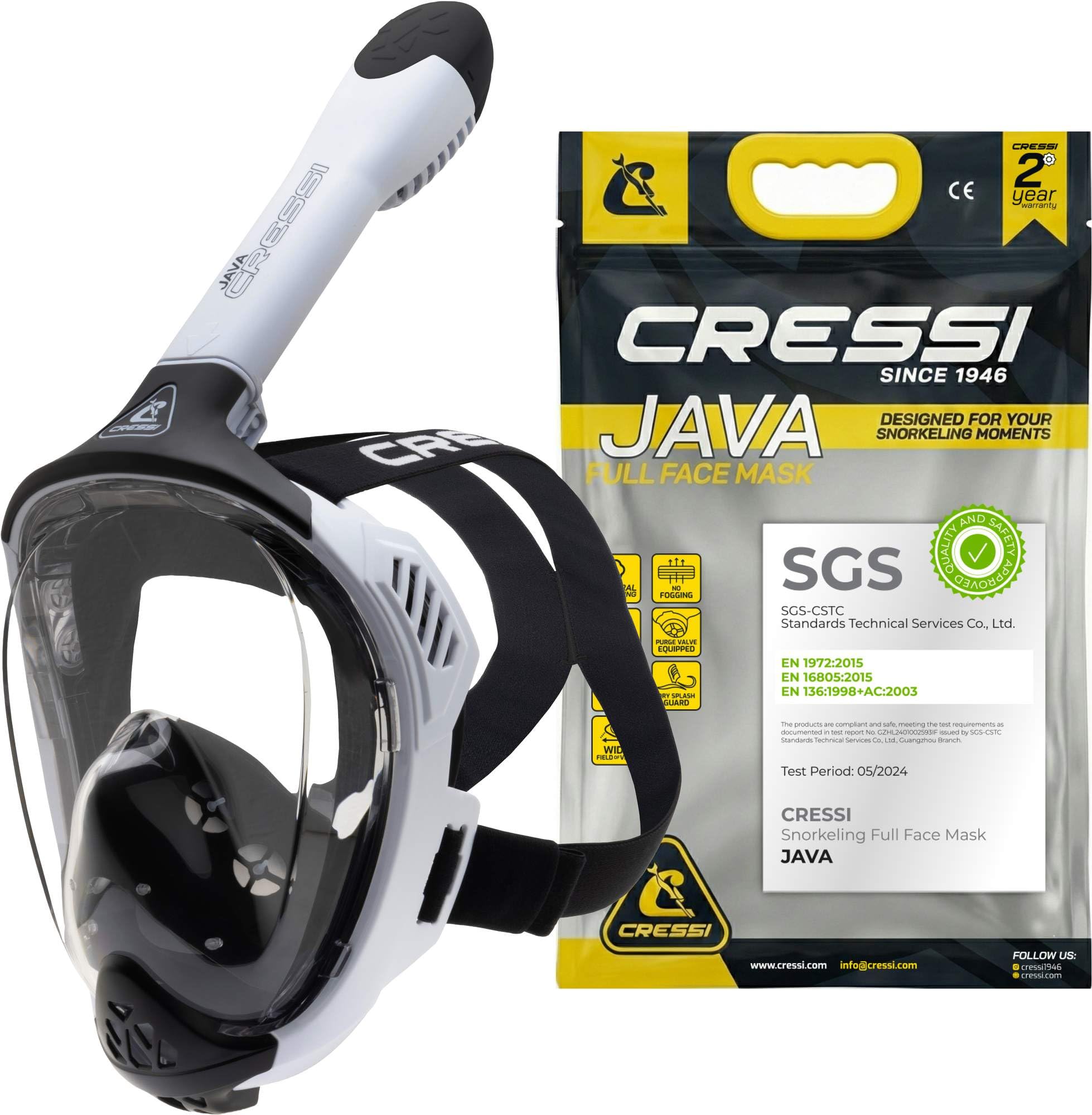 CRESSI Java Full Face Mask White/Black L/XL-Full Face Compact Fit Snorkel Mask, Ultra Clear Anti Fog Lens, 100% Silicone, Snorkel Dry with Safety Valves, White/Black, L/XL