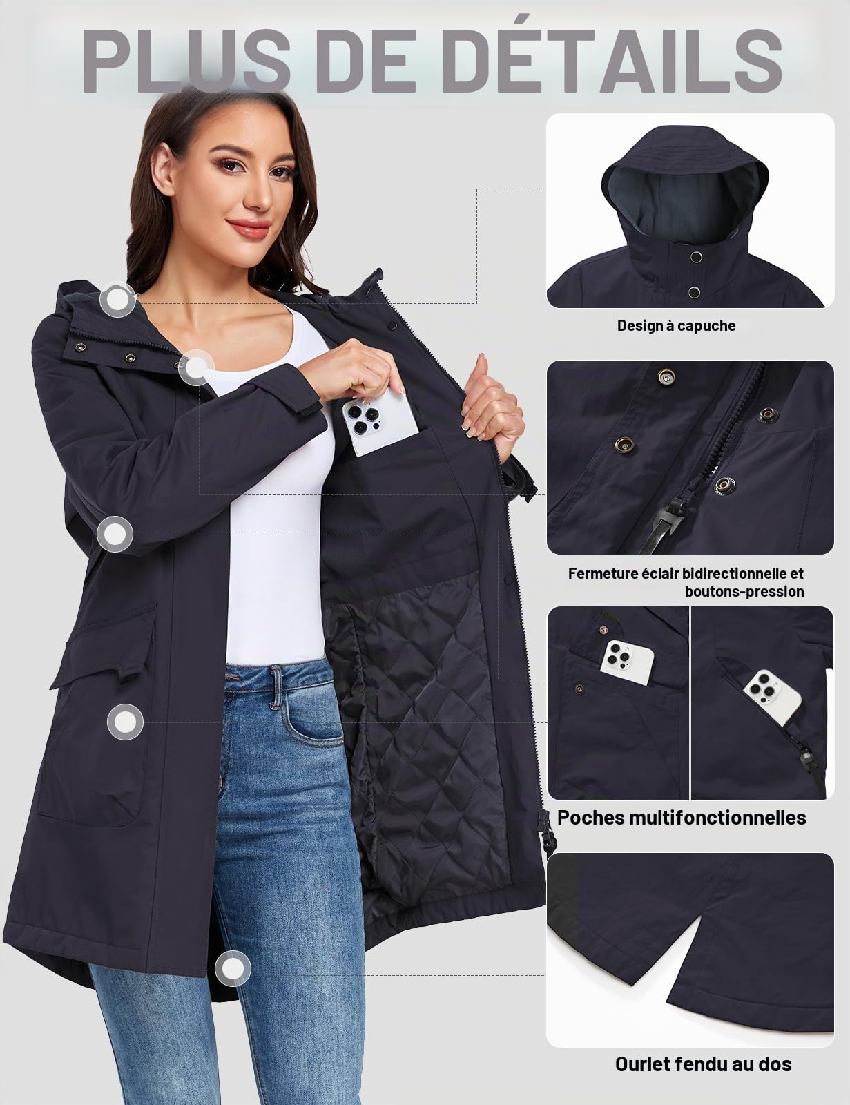 Tuopuda Veste Femme mi Saison Parka Imperméable en Polaire Blouson avec Capuche Décontracté Manteau Long à Fermeture éclair Manteau Printemps Automne