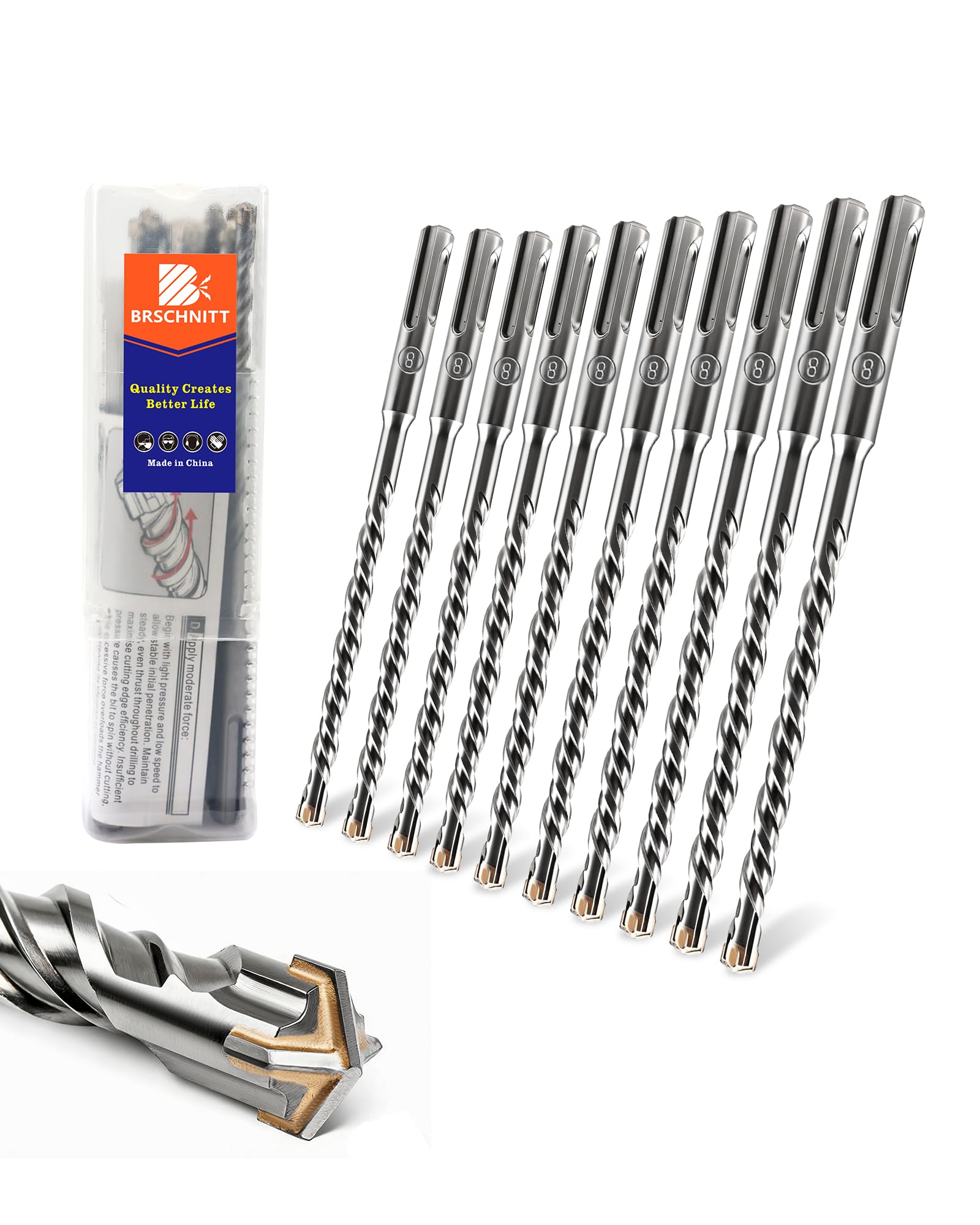 BRSCHNITT SDS Plus Carbide Cross Tip Concrete Drill Bit - 8MM SDS-Plus Hammer Drill Set for Concrete, Brick, Stone & Masonry - 160MM Length (10 Piece)