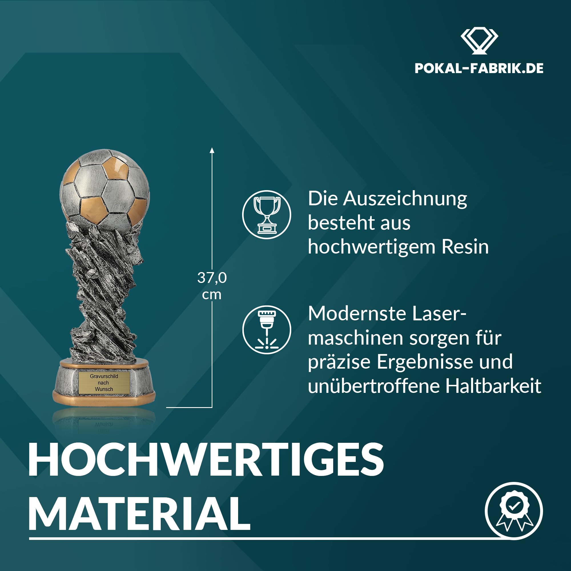 Pokal-Fabrik - Fussball Pokal mit Gravur Wunschtext - Gold & Silber Trophäe aus hochwertigem Resin 30/37/45 cm – personalisierte Auszeichnung für Fußball, Sport Events & Wanderpokal