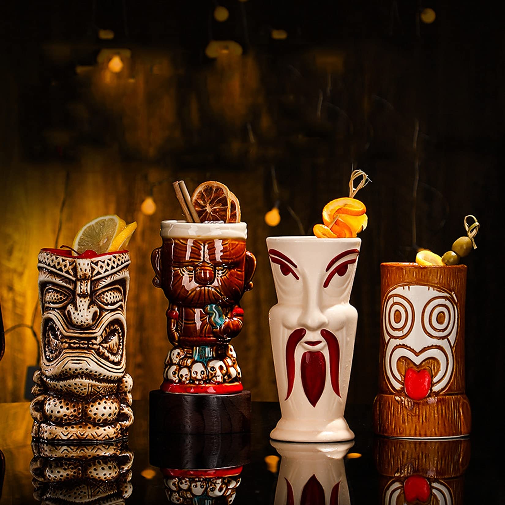 Tiki bar Tiki Bicchieri per cocktail Tiki Tiki Tiki Set di 4 simpatici bicchieri da cocktail esotici, Tiki Bar Professional Hawaiian Party Barware, 5