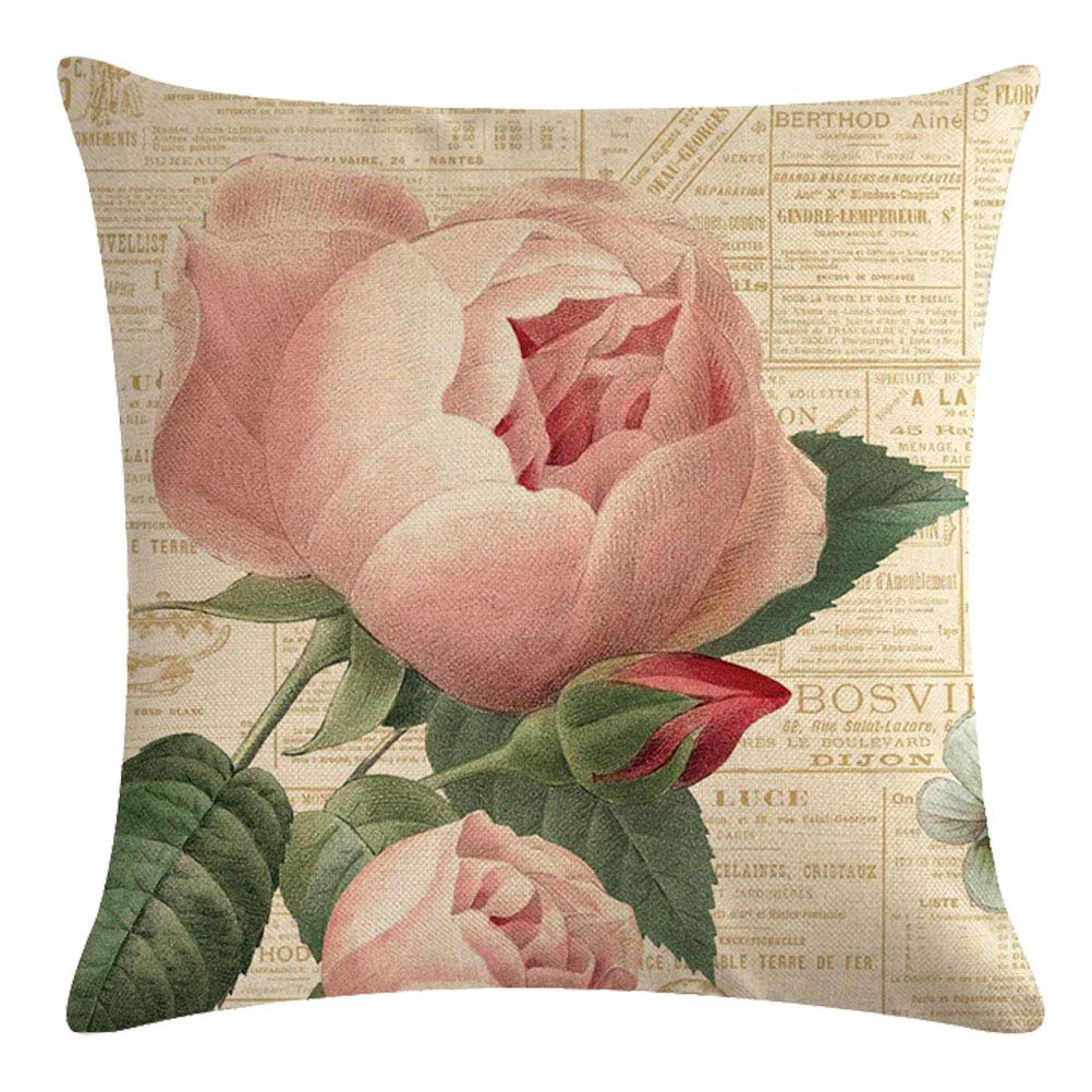 Funda de almohada decorativa romántica con diseño de rosas, vintage, estilo shabby chic, melocotón, rosa, rosa, floral, funda de cojín cuadrada de lino y algodón para sofá, dormitorio o 2