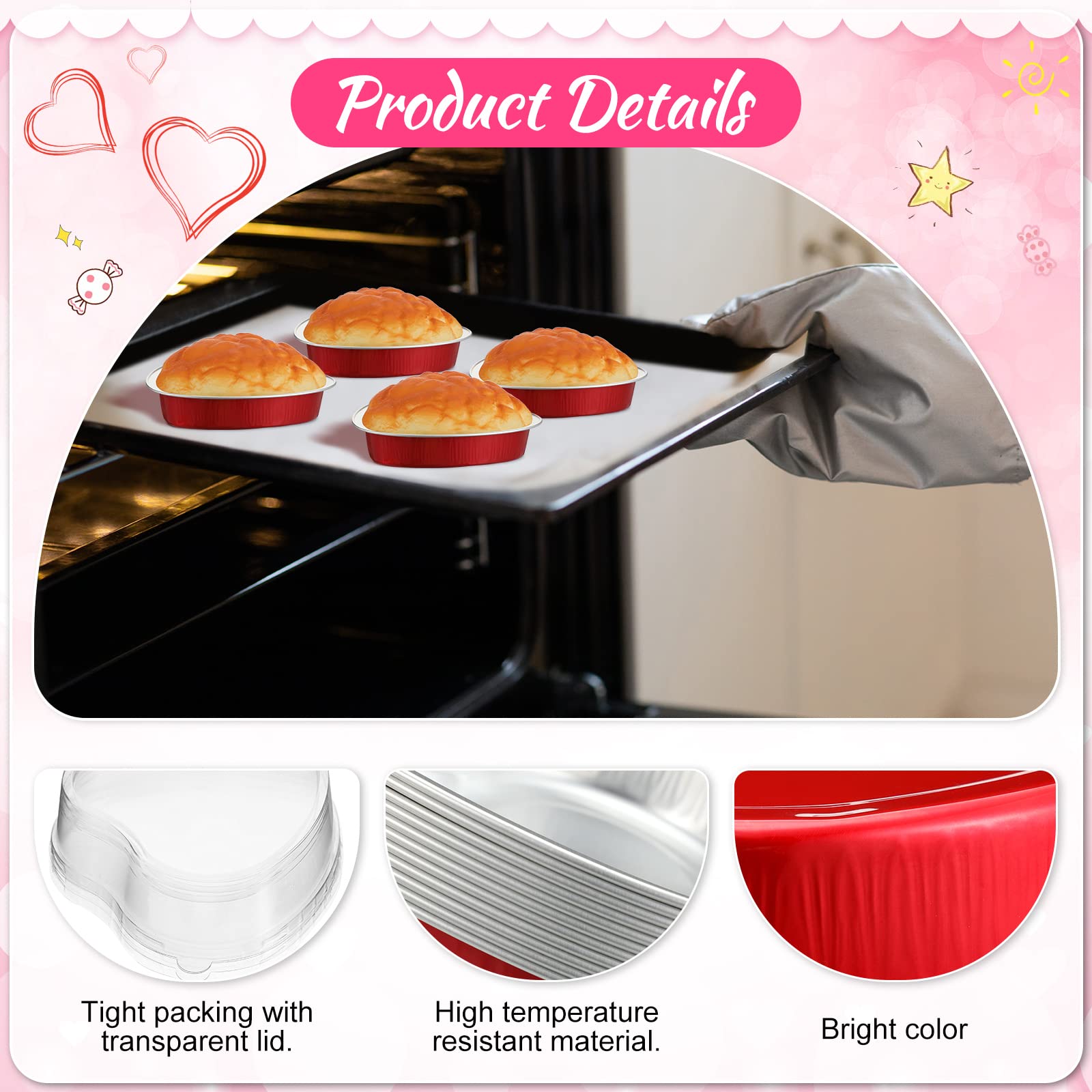 FillTouch 100 moldes para tartas con forma de corazón para el día de San Valentín, 3.4 onzas, 9 onzas, mini moldes para hornear con tapas, mini moldes para tartas de corazón, mini moldes para hornear