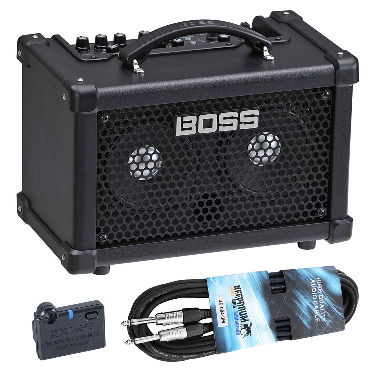 Boss Dual Cube Bass LX Bass-Verstärker mit BT-Dual Bluetooth Adapter und keepdrum Kabel