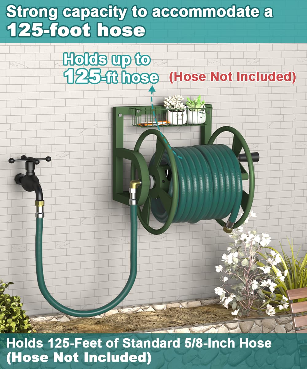 Artigarden Carrete de manguera de jardín montado en la pared, soporte de manguera de agua resistente para exteriores, soporta 125 pies de manguera de 5/8 pulgadas, con manguera líder de 4 pies,