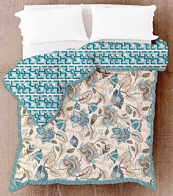 SK STORE 100% Cotton Floral Printed Three Layer Cotton Camric Lightweight Dohar with Heand Paipine Single Sided Reversible Queen Size AC Dohar Blanket (Design 1, Single Bed)