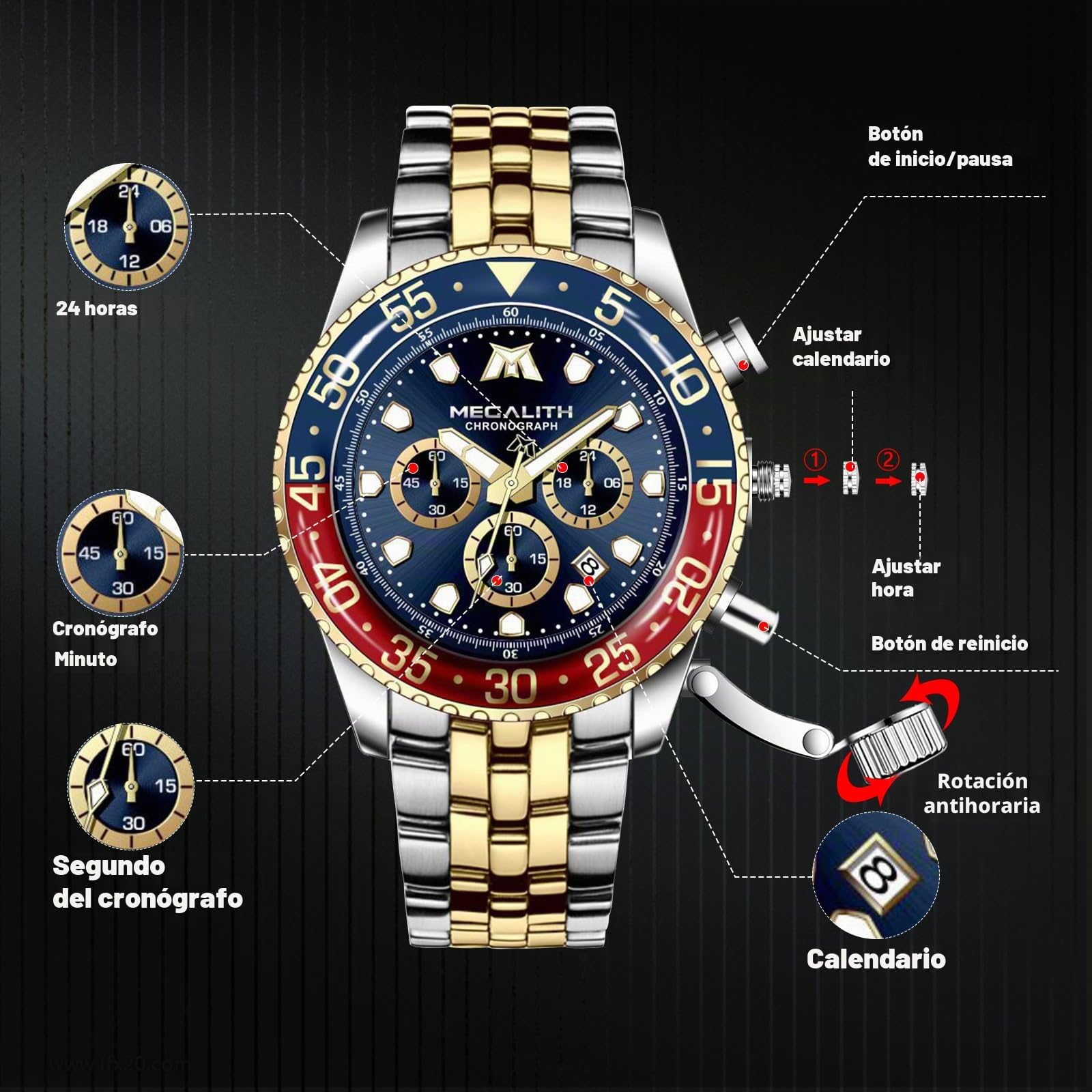 MEGALITH Reloj Hombre Acero Inoxidable Relojes Hombre Analogico Grande Reloj de Pulsera Cronografo Hombre Impermeable Elegante Negocios Cuarzo Fecha Luminosa