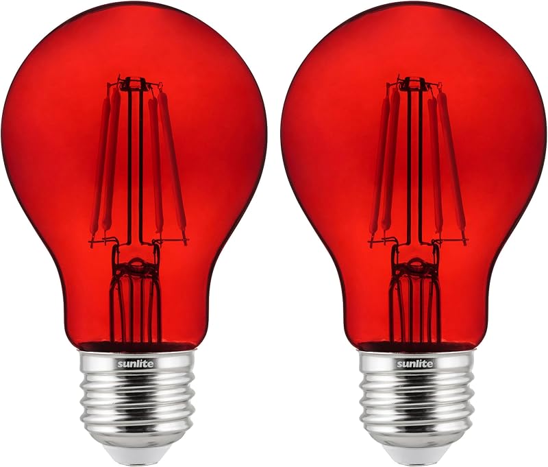 Sunlite 81082 Bombilla LED de filamento de color A19, 4,5 vatios, base mediana E26, 120 voltios, rojo transparente, regulable, ángulo de haz de 320 grados, certificación UL, 2 unidades