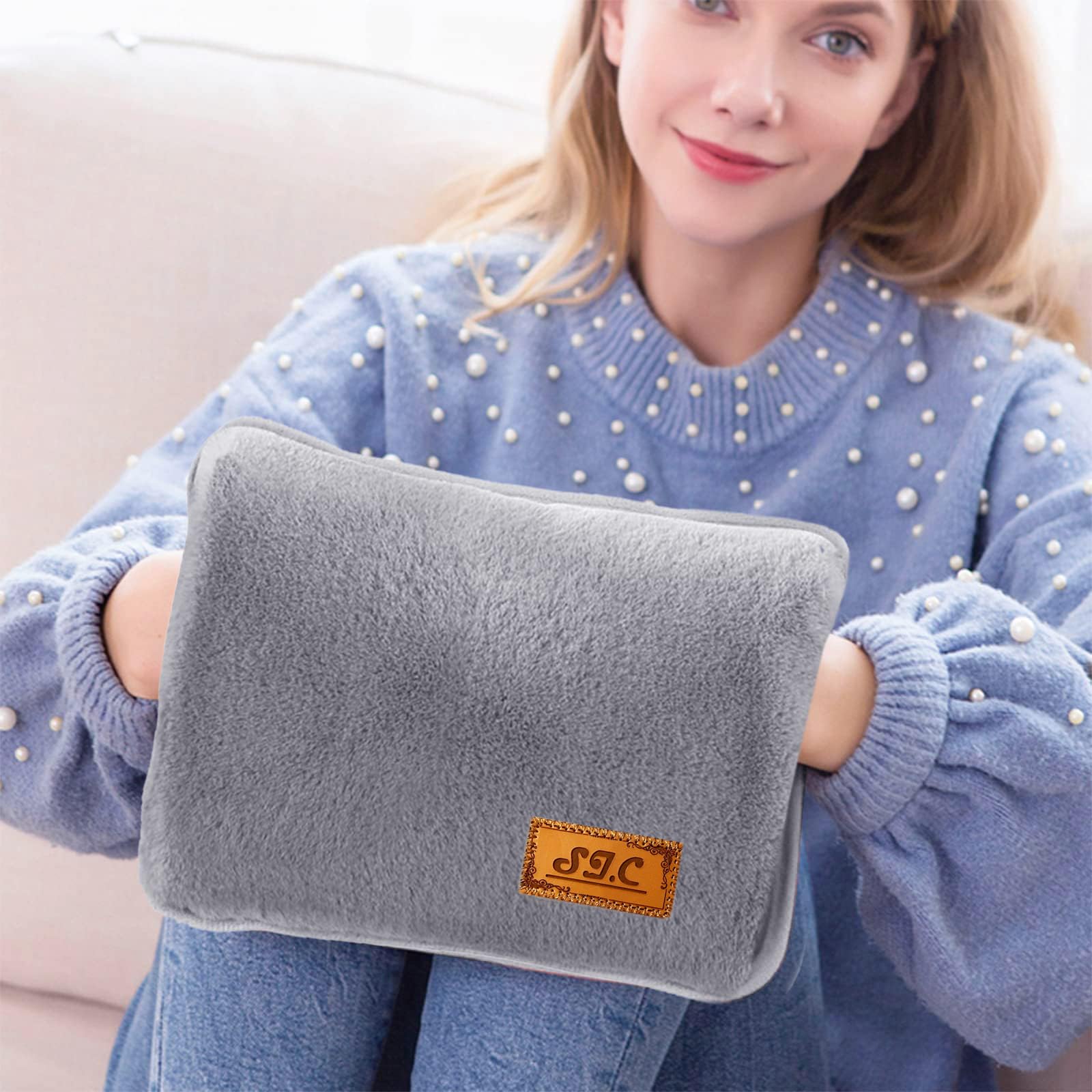 Borsa Acqua Calda Elettrica in Peluche; 500W, Scaldino Elettrico Scaldamani, Scalda Mani e Piedi in Casa, a Letto, per Giornate Fredde, Dolori Mestruali e Muscolari (Grigio)