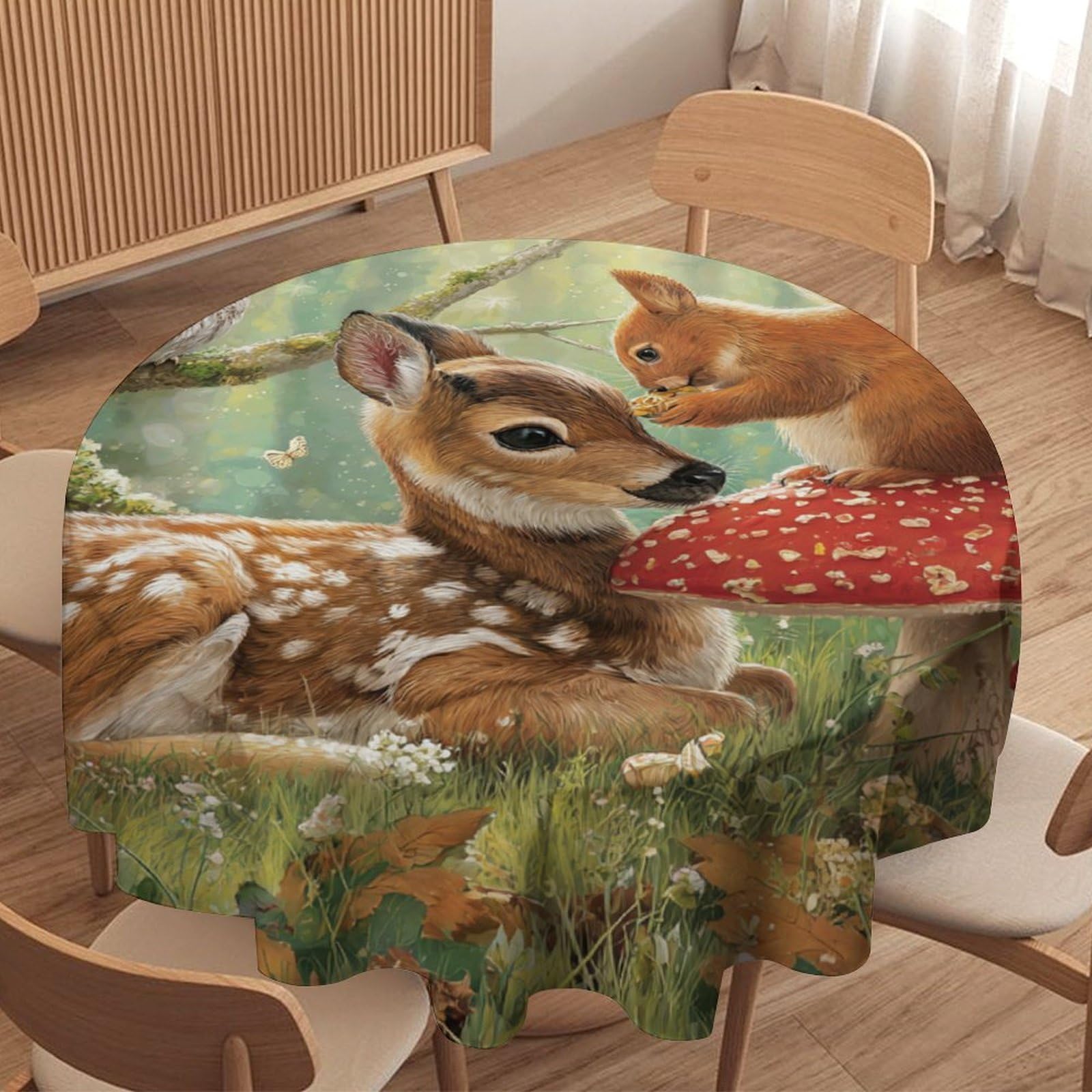LUYYSKY Cute Rustic Deer Waterproof Round Tablecloth Classic Abstract Autumn Animal Elk Squirrel Owl Mushroom Floral Washable Table Cover for Kitchen-177.8" Wx177.8 L cm