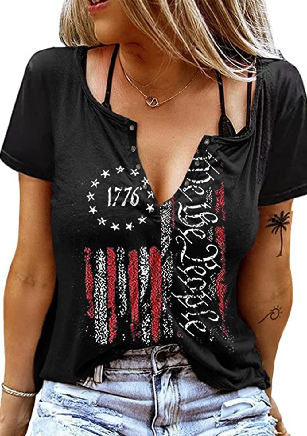 We The People 1776 T Shirt American Flag Patriotic Tee Tops for Women 4th of July Ring Hole Short Sleeve Sexy V-Neck Tshirt