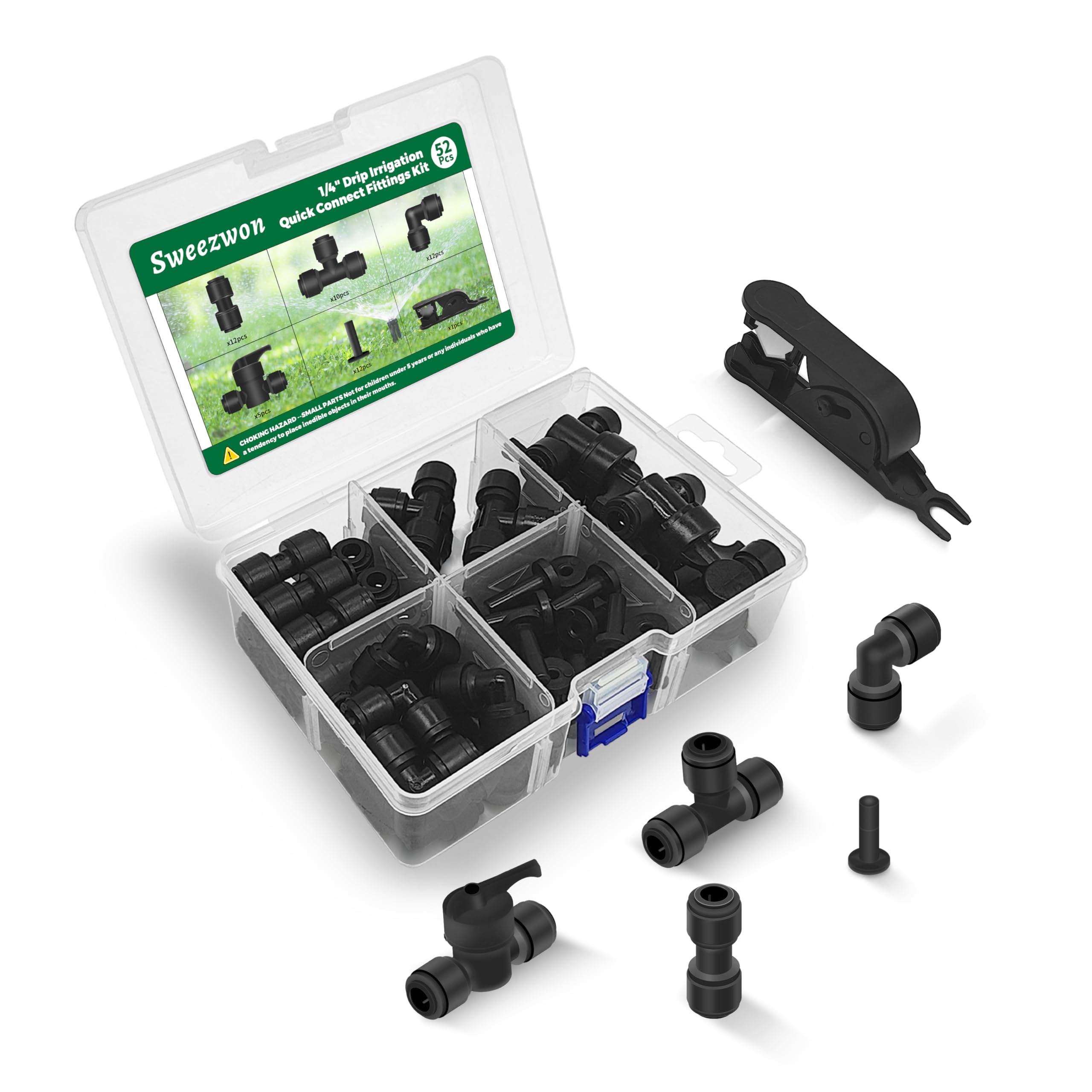 Kit de accesorios de conexión rápida de riego por goteo de 1/4 pulgadas (12 acoplamientos, 10 Tees, 12 codos, 5 válvulas de cierre, 12 tapones y cortador de tubos), conectores de línea de