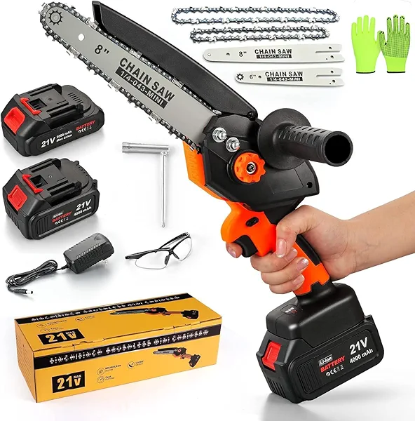 Brushless Mini Chainsaw Cordless with 2Pcs Lithium Battery and Auto-oil System, Electric Rechargeable 21v Small Handheld Portable Saws Yard Tool for Wood Cutting Tree Branches Trimming
