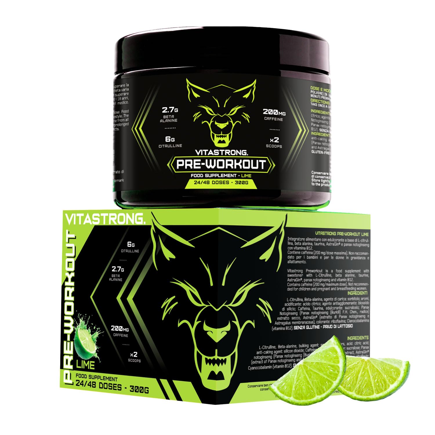 Pre Workout Booster mit Koffein 300g, Vegan Preworkout mit Vitamin B12, Citrullin, Beta-Alanin, Koffein Pulver, Taurin Pulver, AstraGin, Vitastrong Pre Workout (24 Portionen (1er-Packung), Lime)