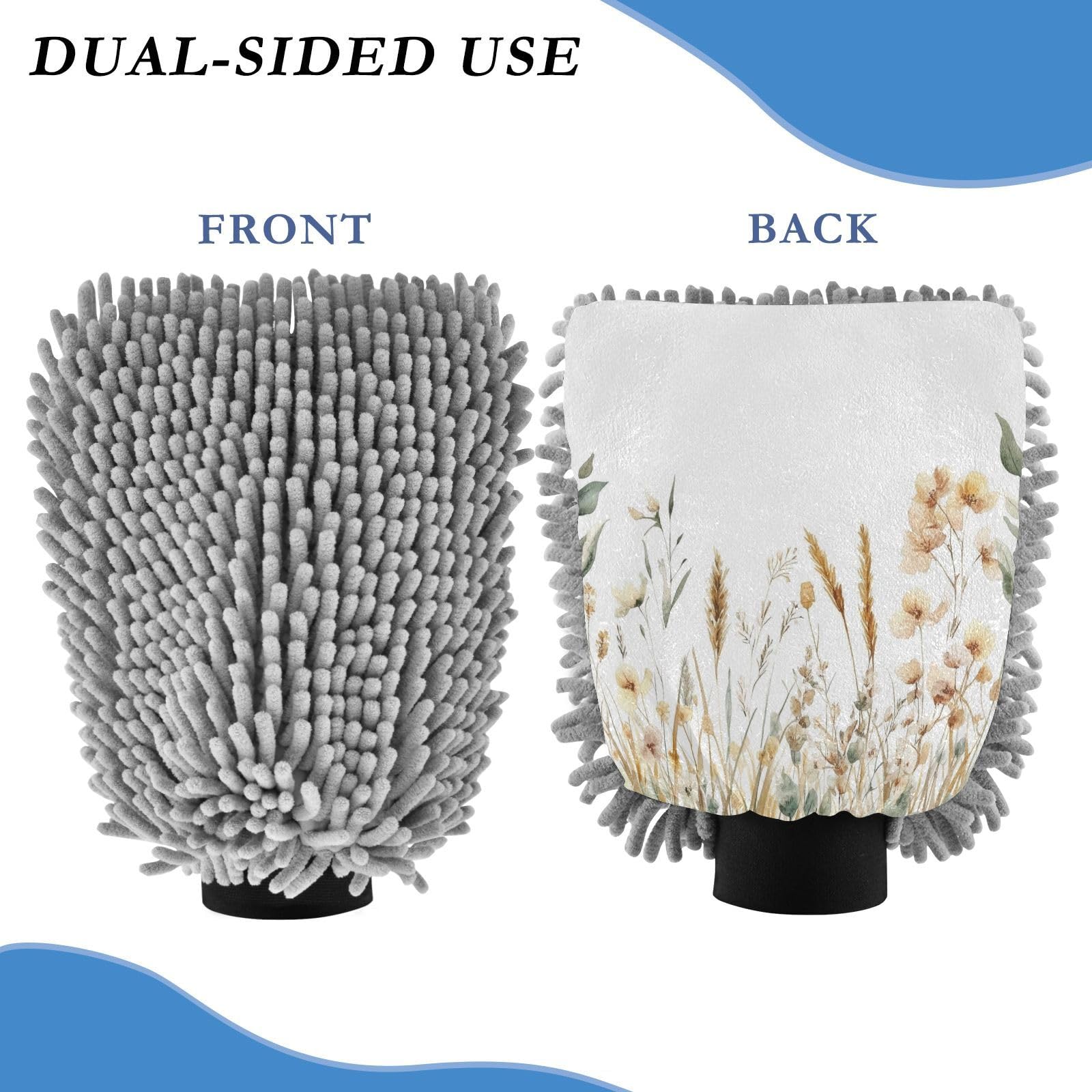 Flradish 2 Pack Wildflowers Car Wash Mitt Chenille Microfiber Lint-Free Scratch Free Ultra-Soft Absorbent Car Wash Mitt 10.2x7.09 Inch
