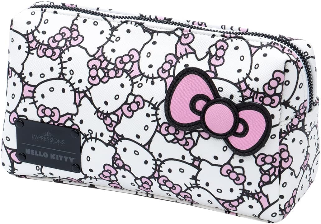 Impressions Vanity Hello Kitty Cosmetic Pouch with Waterproof Faux Leather, Zippered Bag For Travel Size Toiletries, Makeup Bag Organizer With Inside Pocket With Extra Slip Pocket (White/Pink),