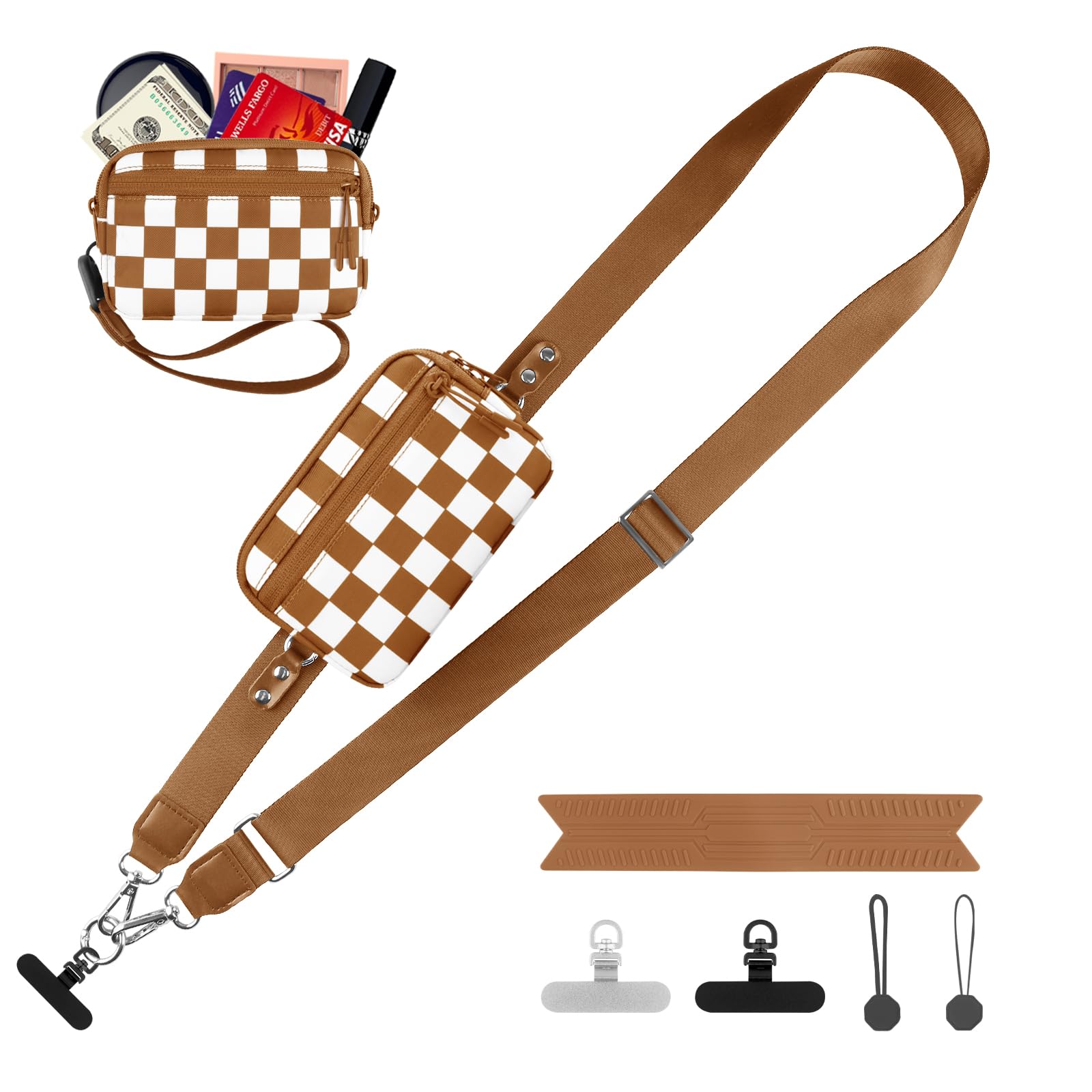 YFWE Clip and Go Strap for Phone with Wallet Crossbody, Adjustable Phone Lanyard with Detachable RFID Wristlet Wallet, Phone Strap with Phone Tabs for All Phones, Bronze Checkered (M)
