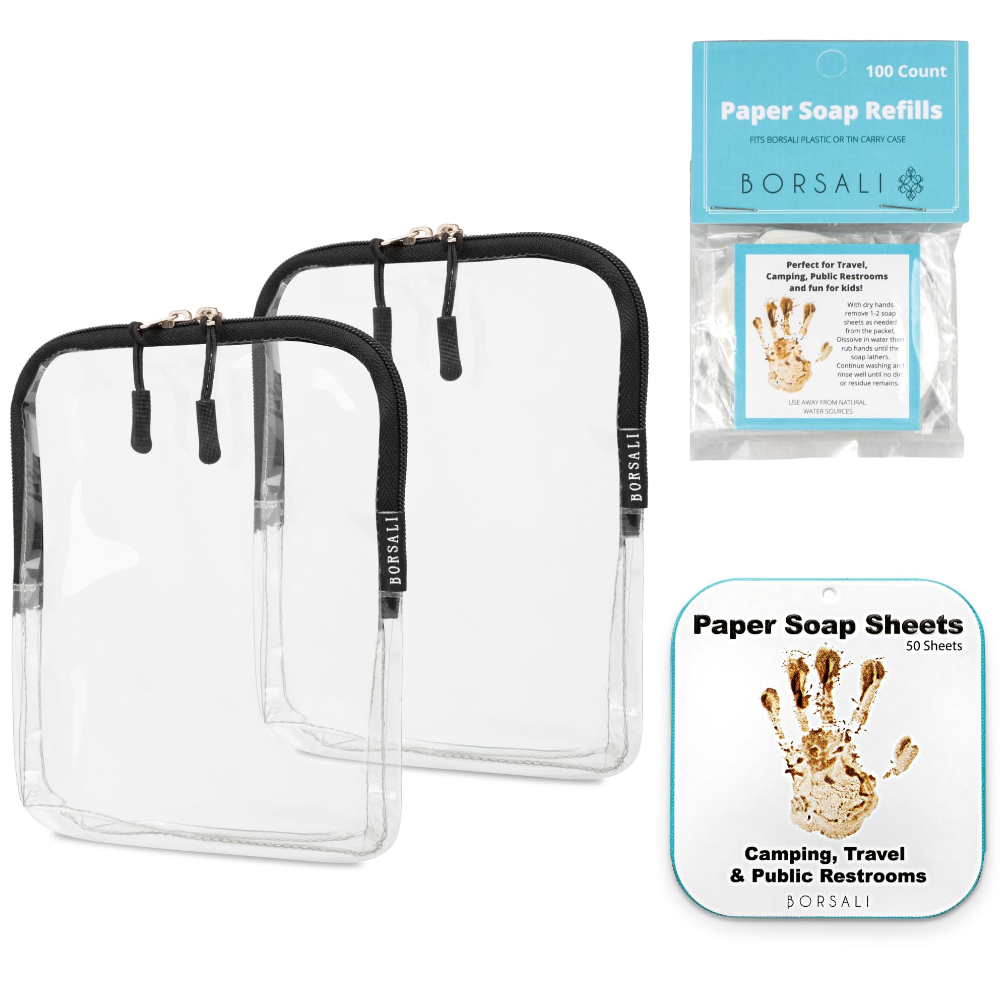 BORSALI - 2 Pack of TSA Approved Toiletry & Cosmetic Organizer, Paper Soaps 50 with Case and 100 Refills