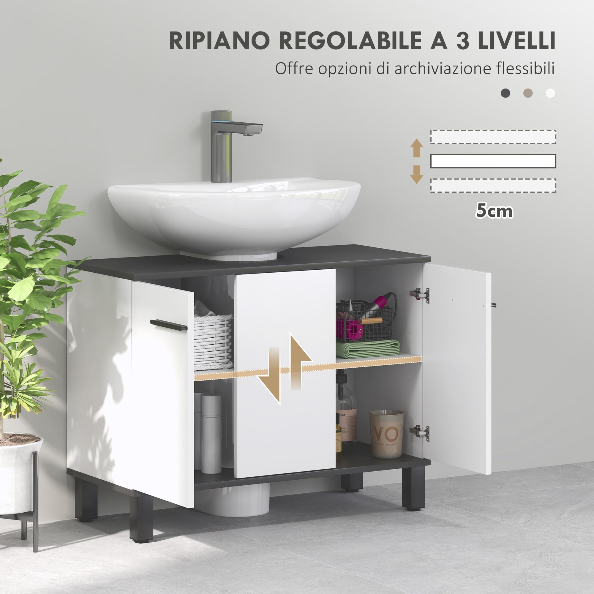 HOMCOM Mobile Sottolavabo per Bagno 80x34x60cm Bianco Lucido | 2 Ante, Ripiano Regolabile, per Lavabi con Colonna, Maniglia, Piedini Antiscivolo, Legno Truciolato