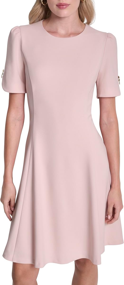 DKNY Women's Button Short Sleeve Fit and Flare Dress