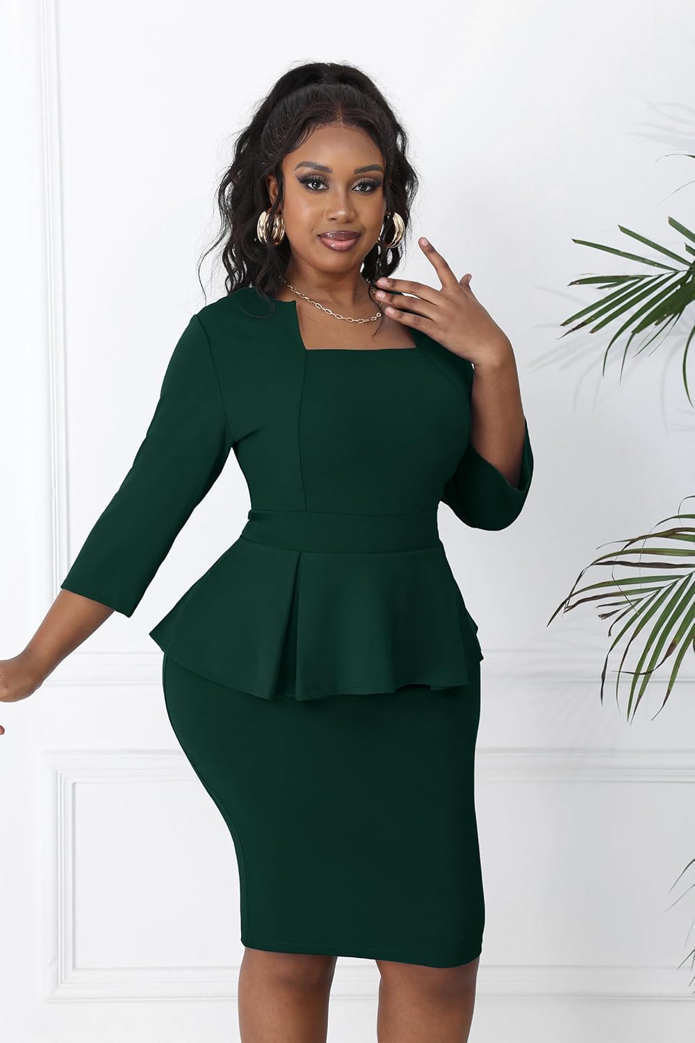 Runwind Plus Size Dress for Curvy Women Midi Church Wear to Work Bodycon Vintage Peplum 3/4 Sleeve Sheath Pencil Dress - Image 4