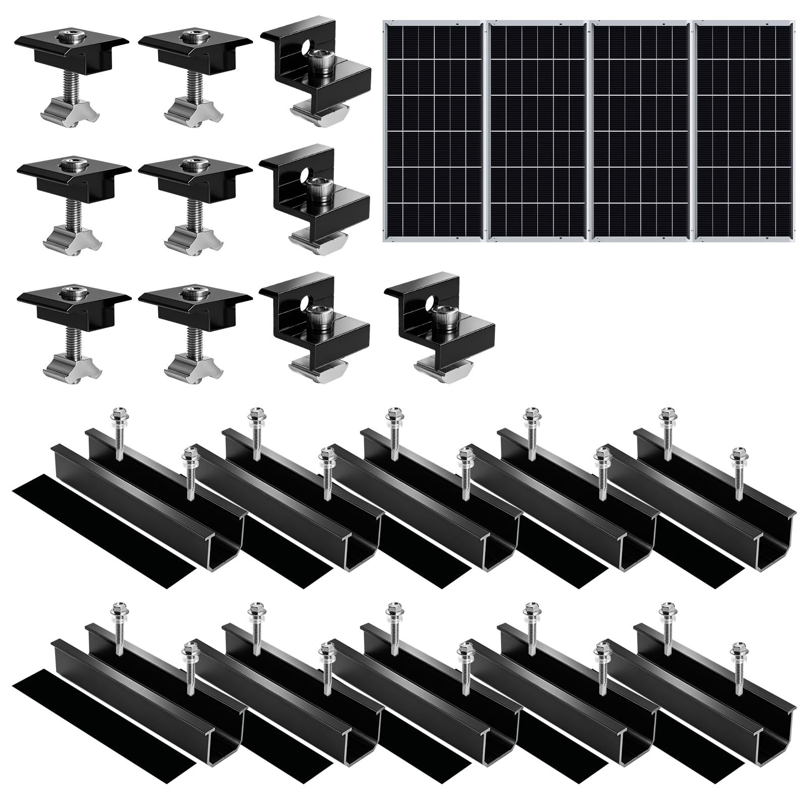 Solarmodul Halterung für 4 Module, PV Montageset mit 12 cm Alu Schiene, Mittelklemme & Endklemme für 30–35 mm Module, Solarpanel Halterung für Flachdach, Trapezblech & Blechdach
