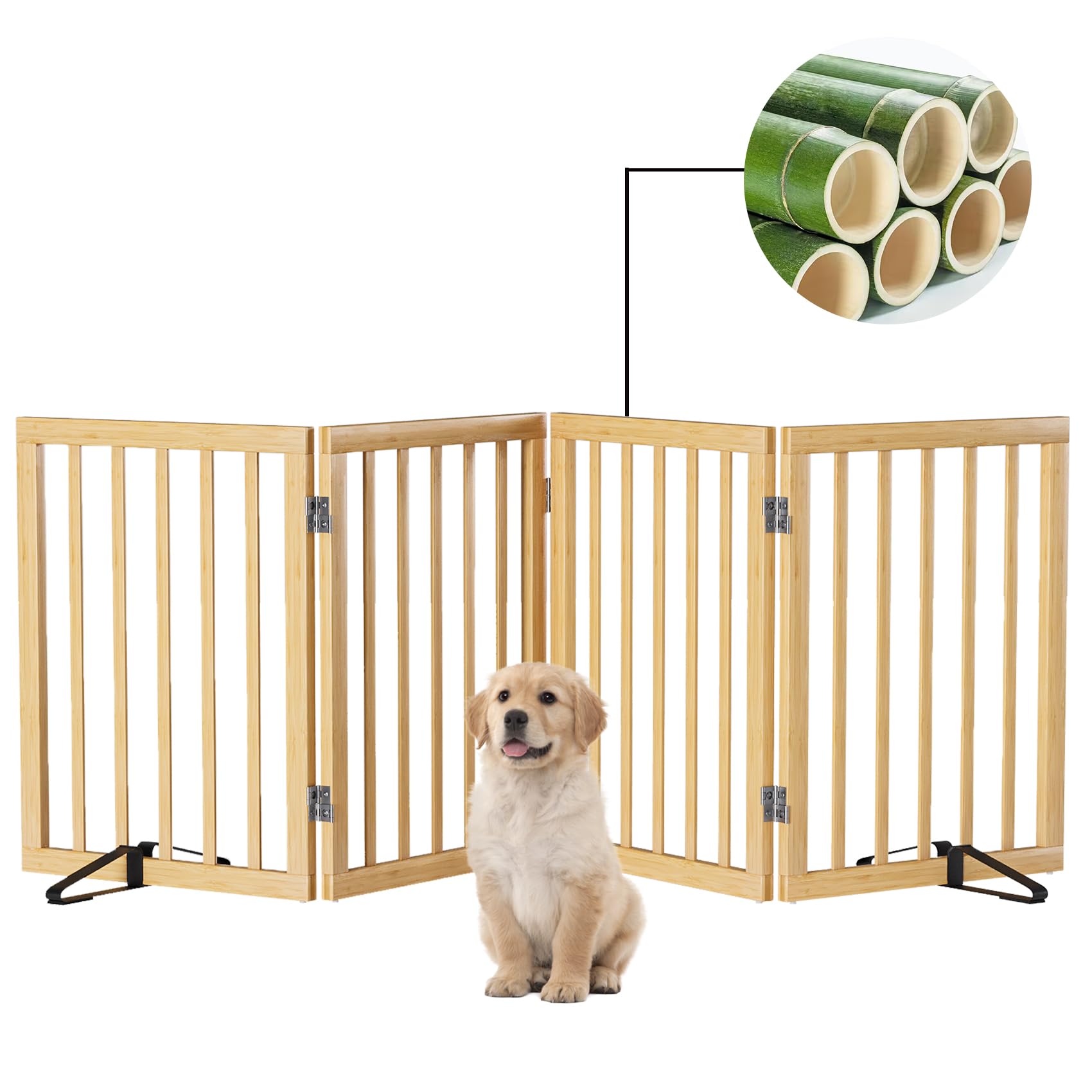 Semiocthome Freestanding Dog Gates and Barriers Indoor, Pet Gates for Doorways and Stairs, 60cm (H) - 4 Panels Puppy Gate with 2 Metals Stands, Adjustable Safety Fence Fit Up to 188cm - Natural — view 8