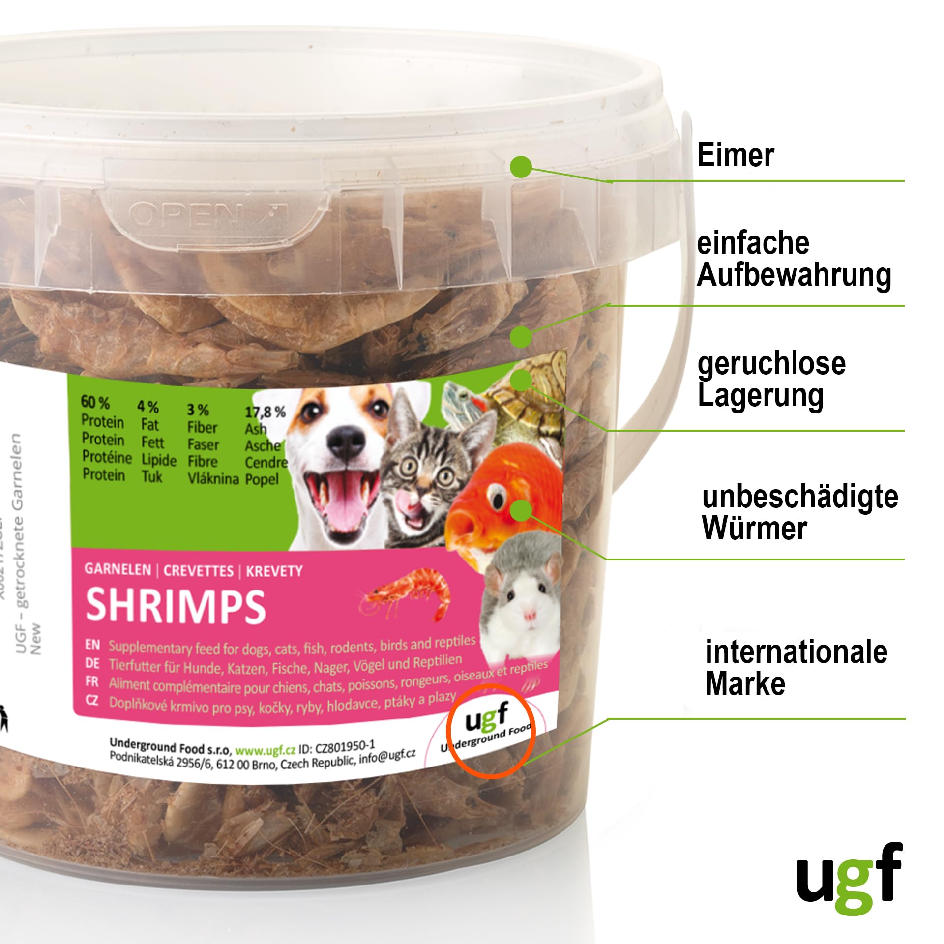 UGF - Gamberetti essiccati - 75 g in un secchio da 500 ml, Insetti gamberetti, Cibo per uccelli selvatici (tutto l'anno), Snack per cani, Cibo per tartarughe, roditori, lucertole, pesci