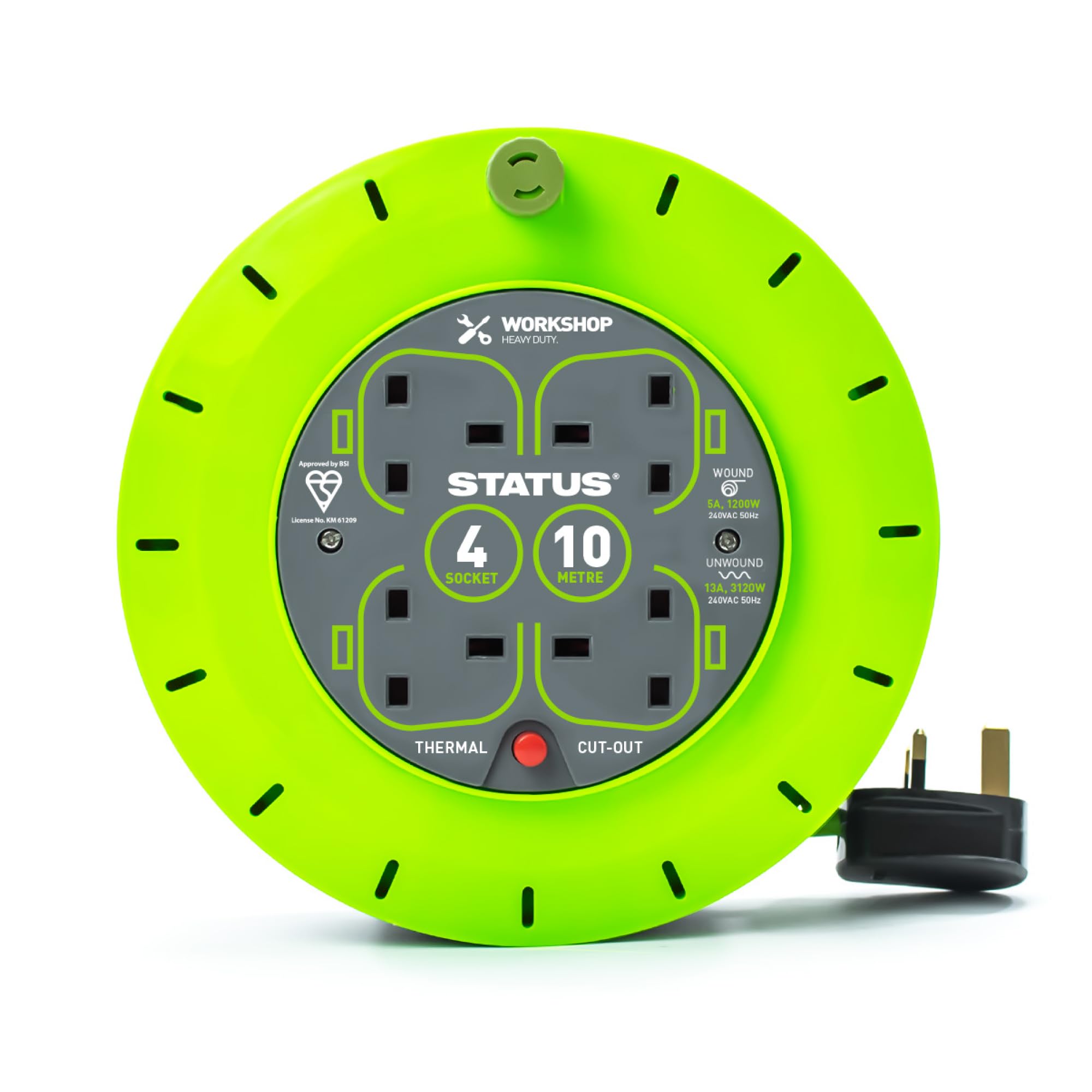 STATUS 4 Socket Cable Reel | 10m Green Extension Lead | 13A | Heavy Duty Outdoor Extension Lead | S13A4SKT10MCR6
