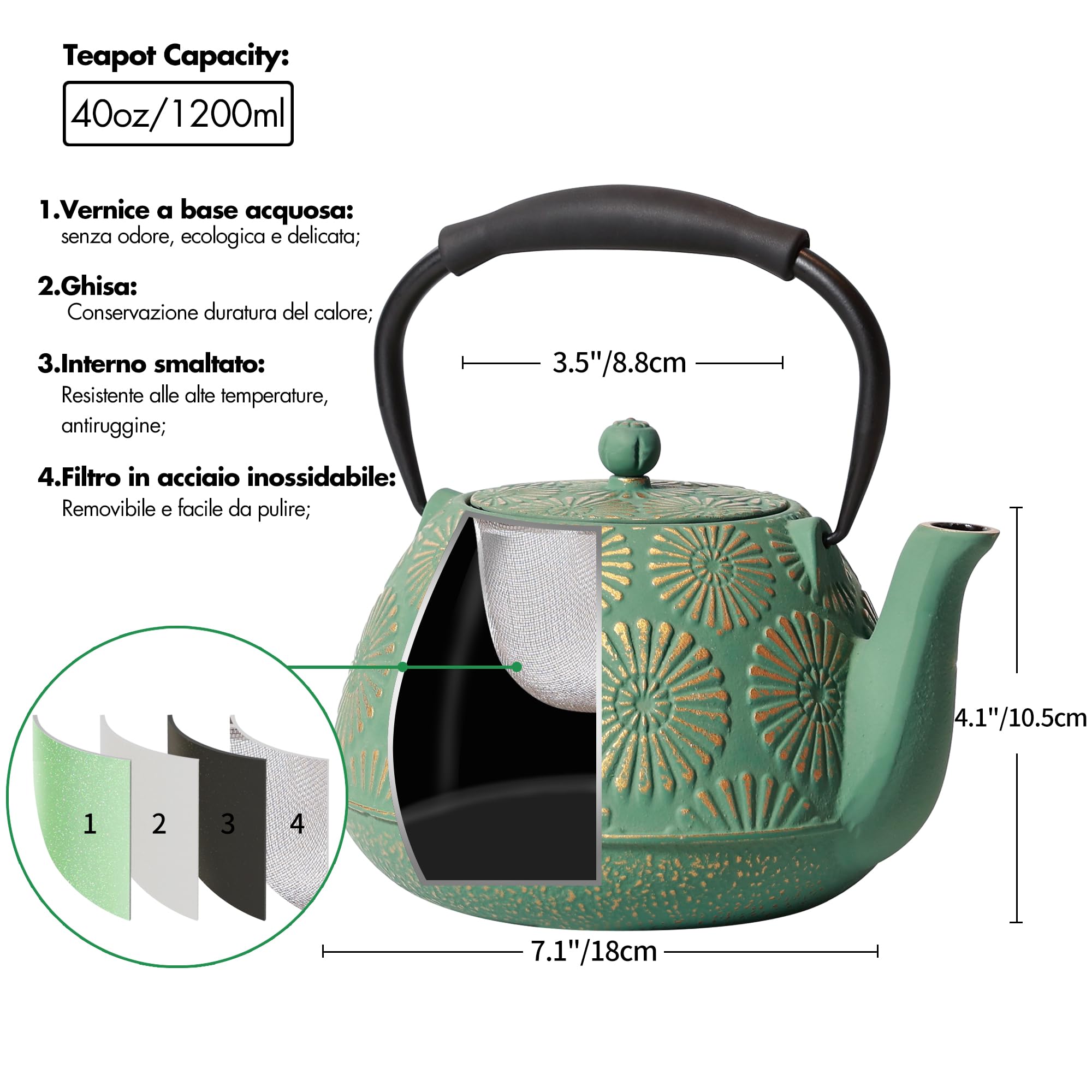 Teiera in ghisa, grande capacità da 1200 ml con infusore per cucina, design giapponese sakura per tè in foglie con interno smaltato, manico in silicone 1200 ml Verde