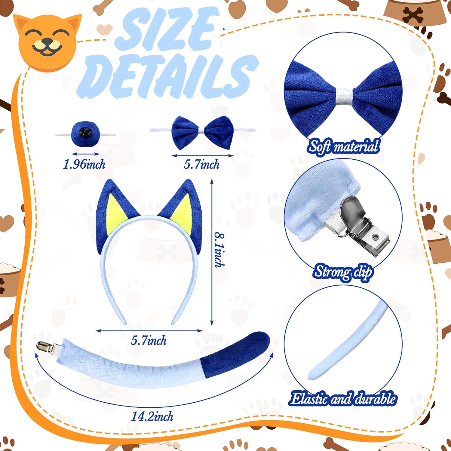 8 Pcs Blue Family Party Supplies Blue Dog Ears and Tail Set Plush Dog Ears Headband Tail Nose Bow Tie Costume Accessory for Halloween Animal Cosplay Party Supplies - Image 2