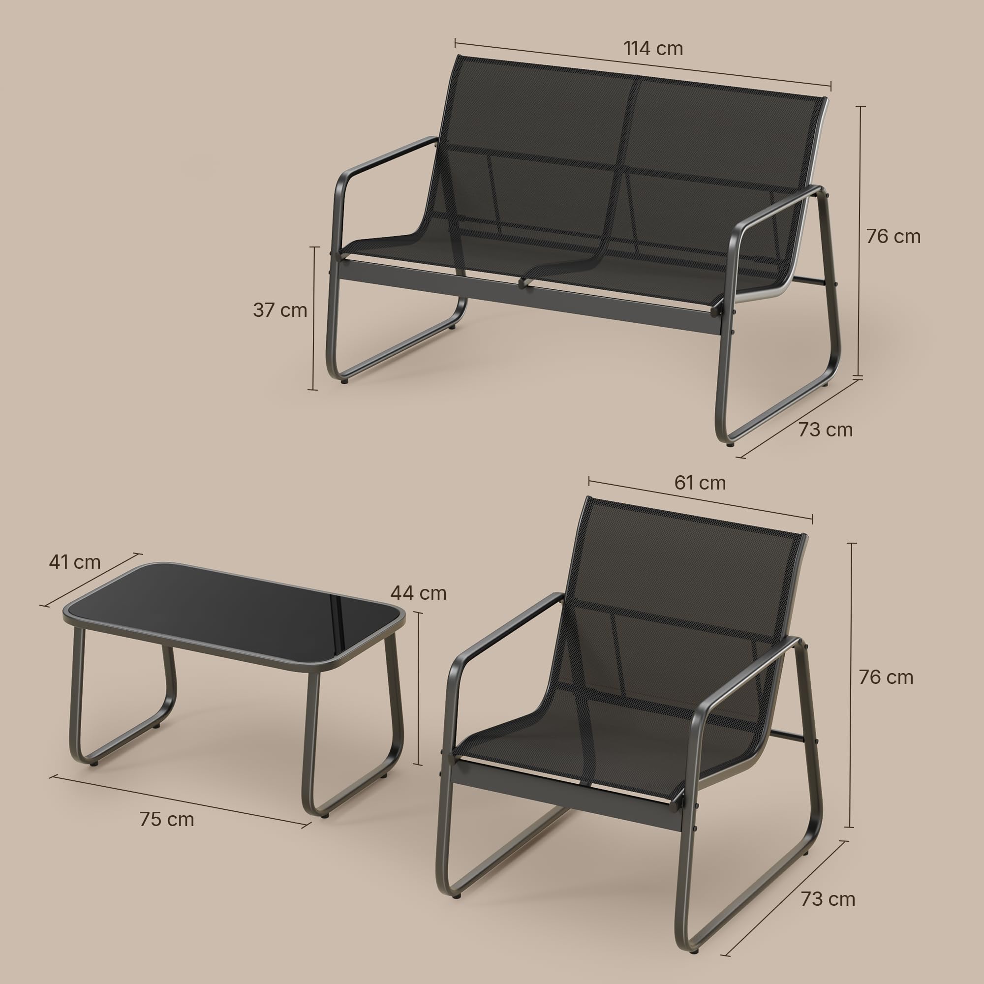 Conjunto de Jardín de 4 Piezas, con 3 Sillones y Mesa de Cristal, Muebles de Exterior para Patio, para Todas Las Estaciones, Terraza, Jardín, Balcón y Exteriores, Negro (Ensemble de 4 pièces)