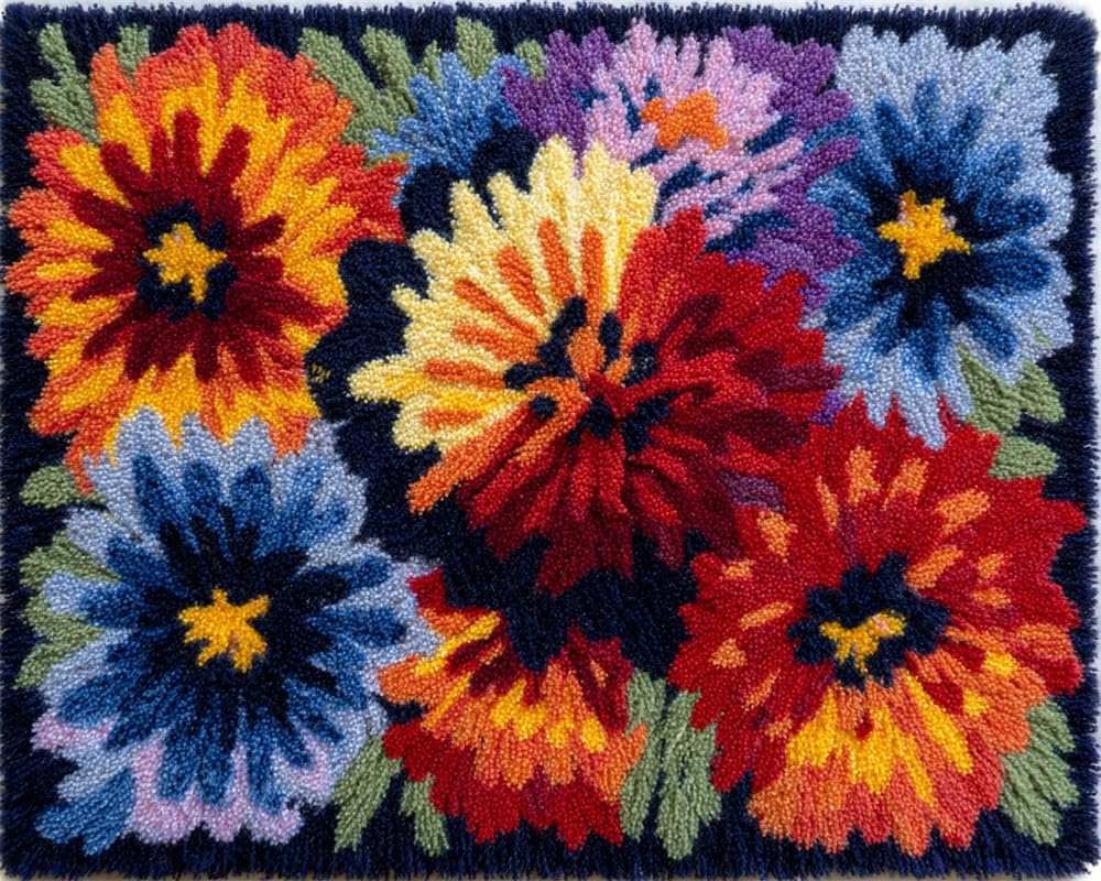 Kitquiver Rug Kits for Adults Latch Hook Pre Printed Midnight Bloom DIY Crochet Yarn Embroidery Handmade Needlework with Printed Canvas for Home Decoration 15X20In