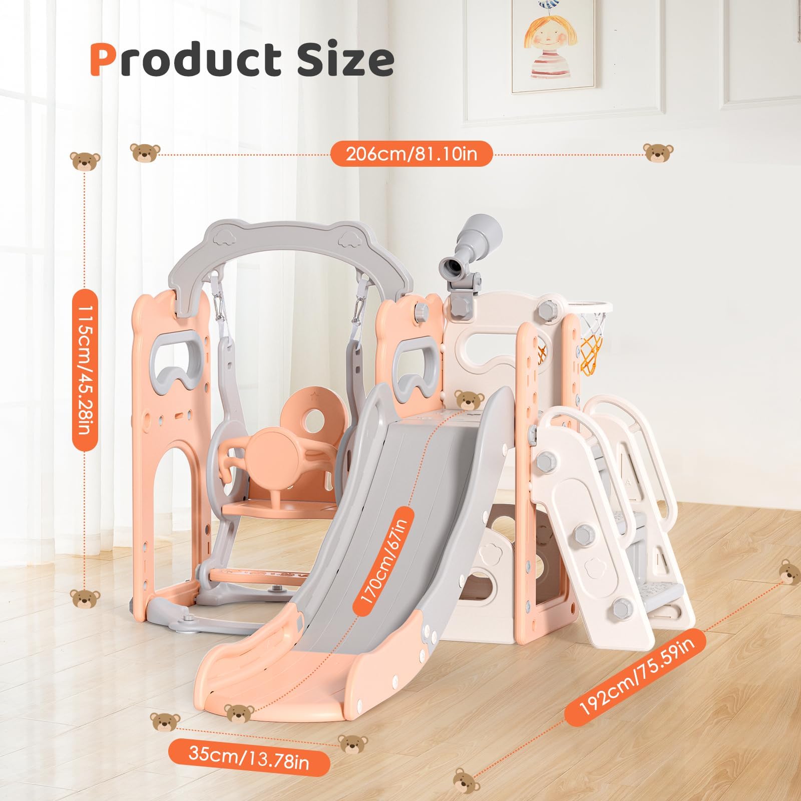 Scivolo per bambini, scivolo per bambini piccoli indipendente con canestro da basket, attrezzatura per parco giochi con scivolo per bambini, scivoli per bambini all'aperto (Beige Rosa- 6 in 1)