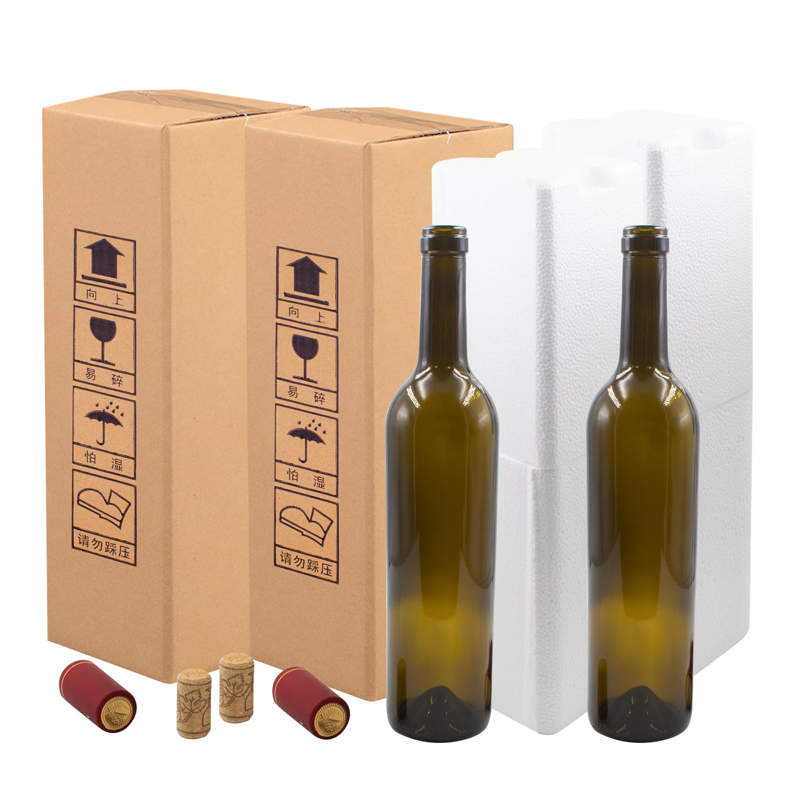 2er Set Rotwein Versandkarton mit Flasche, Schutzschaum, Korken und Schrumpffolie, Einzelverpackung für Umzug, Transport und Lagerung, 750 ml