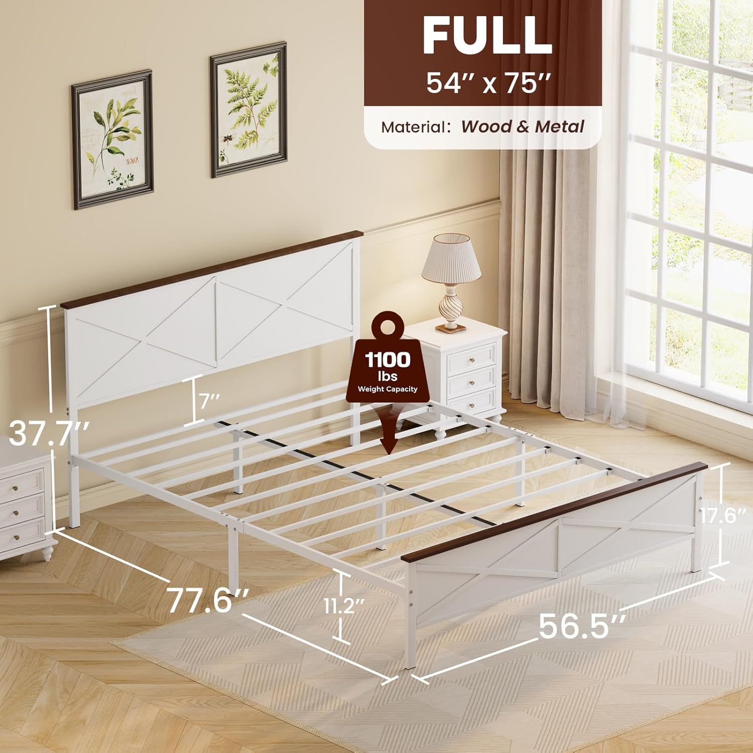VOPEAK Farmhouse Full Bed Frame with Headboard and Footboard, Bed Frame Full Size Metal Platform with Under Bed Storage, Noise Free, No Box Spring Needed, Easy to Install, Sturdy & Stable, White