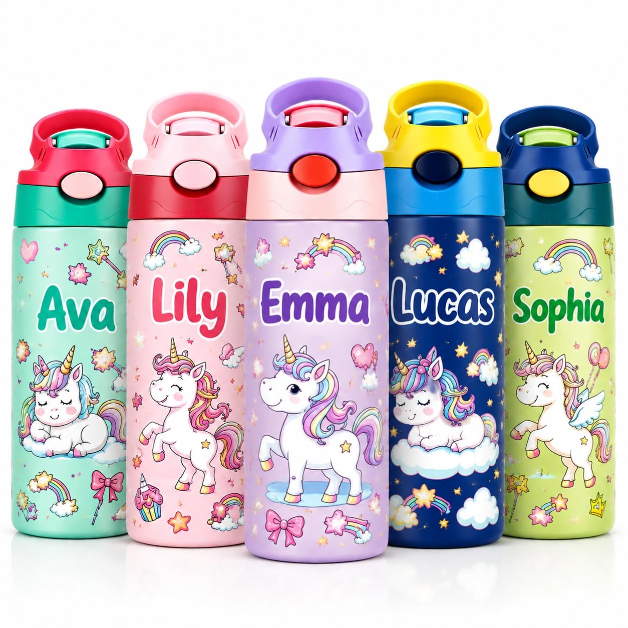 VEELU Personalised Water Bottle for Kids 350ml, Custom Kids Insulated Water Bottles with Name, Stainless Steel Straw, Reusable, Non-Spill, BPA-Free, Back to School Gifts for Girls and Boys (Style 05)