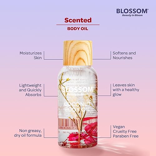Miniatura 5 de Blossom Skincare Aceite corporal de coco hidratante e hidratante, aceite seco infundido con flores reales, 2 onzas líquidas, rojo