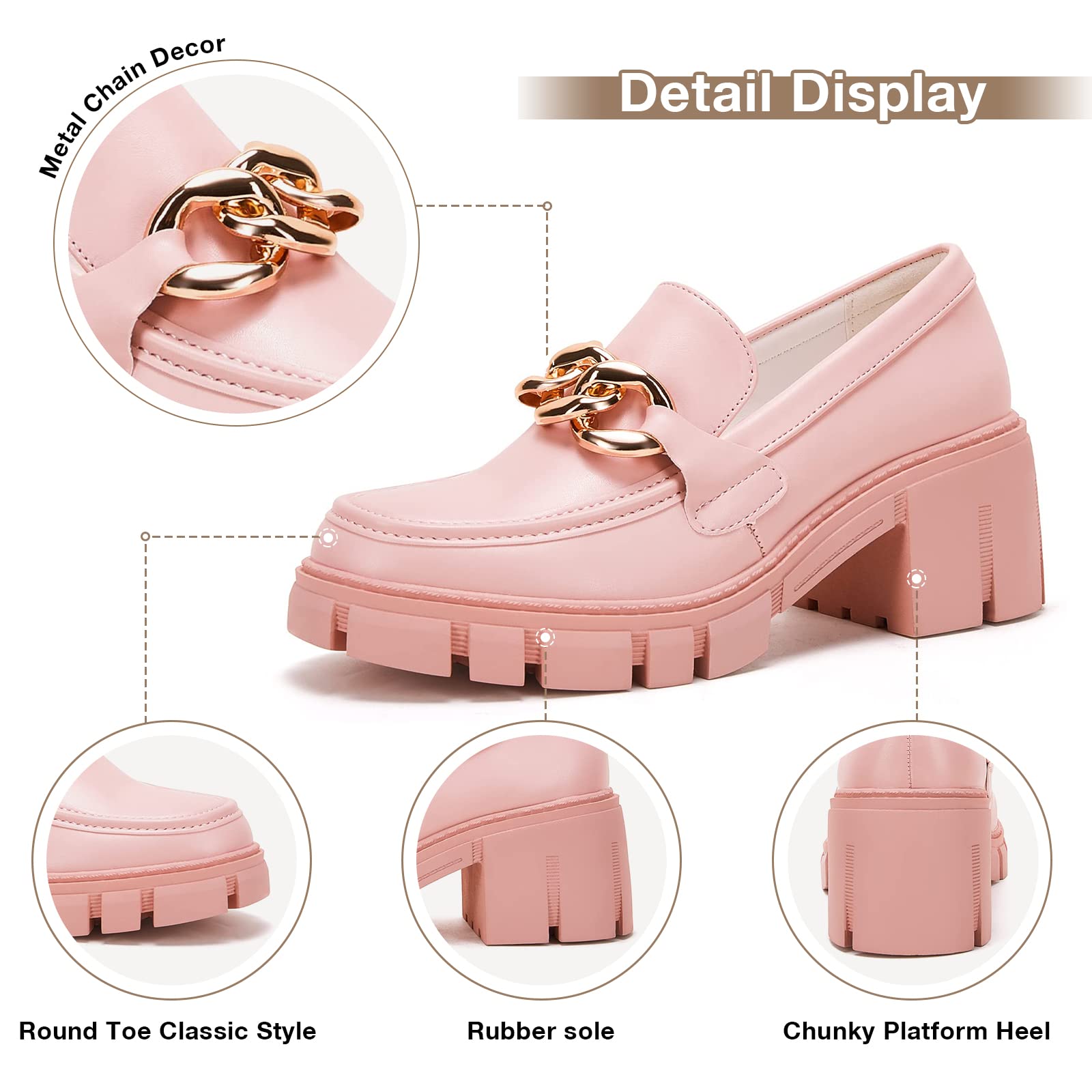 TINSTREE Platform Loafers for Women with Chain Comfort Chunky Heel Slip On Round Toe Business Work Shoes