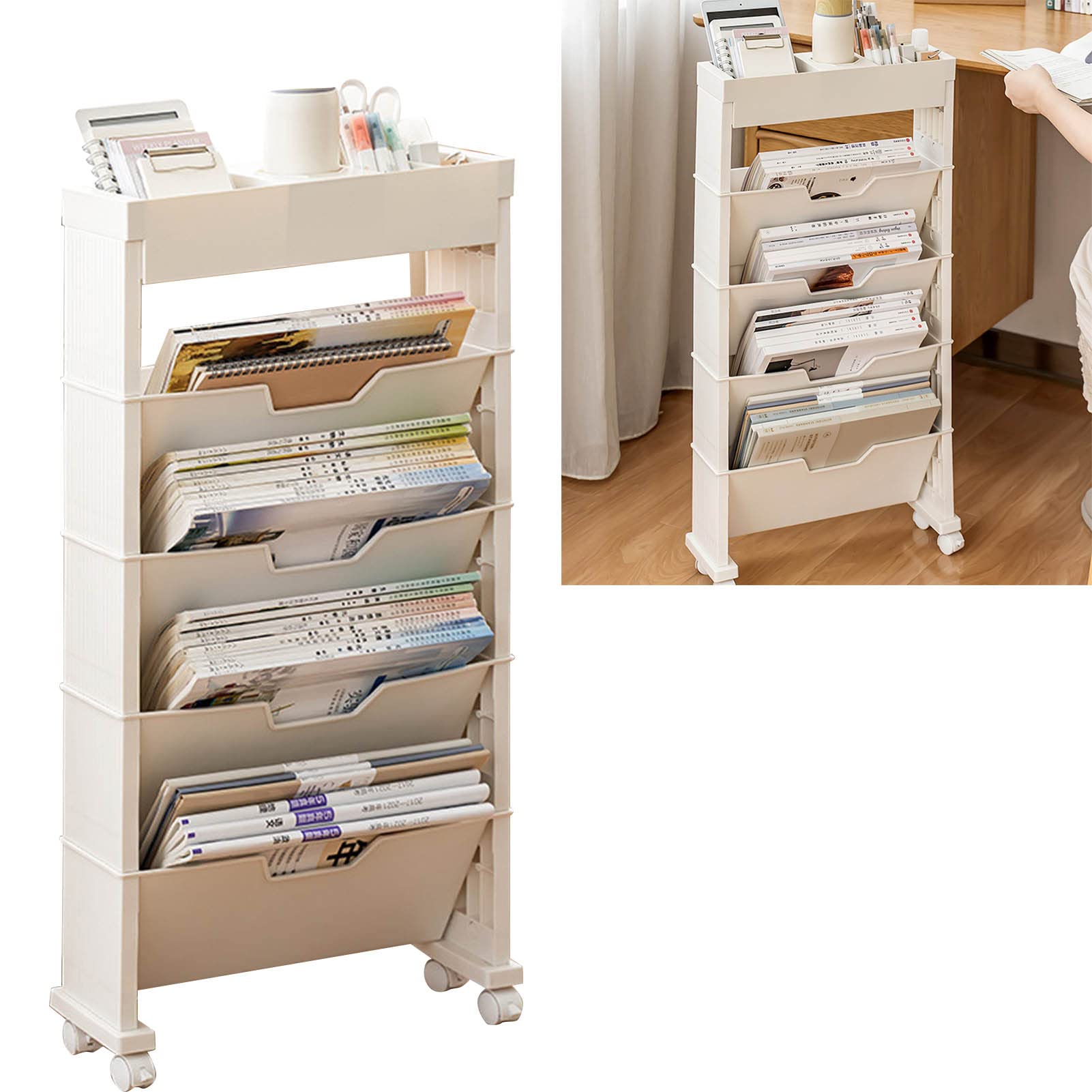 DADEA Carrito de Libros Móvil de 4 Niveles, Estante de Almacenamiento de Libros con Ruedas, Carrito Organizador de Carpetas de Archivos Móvil con Ruedas, Estantería Móvil Portátil Ideal(Beige)